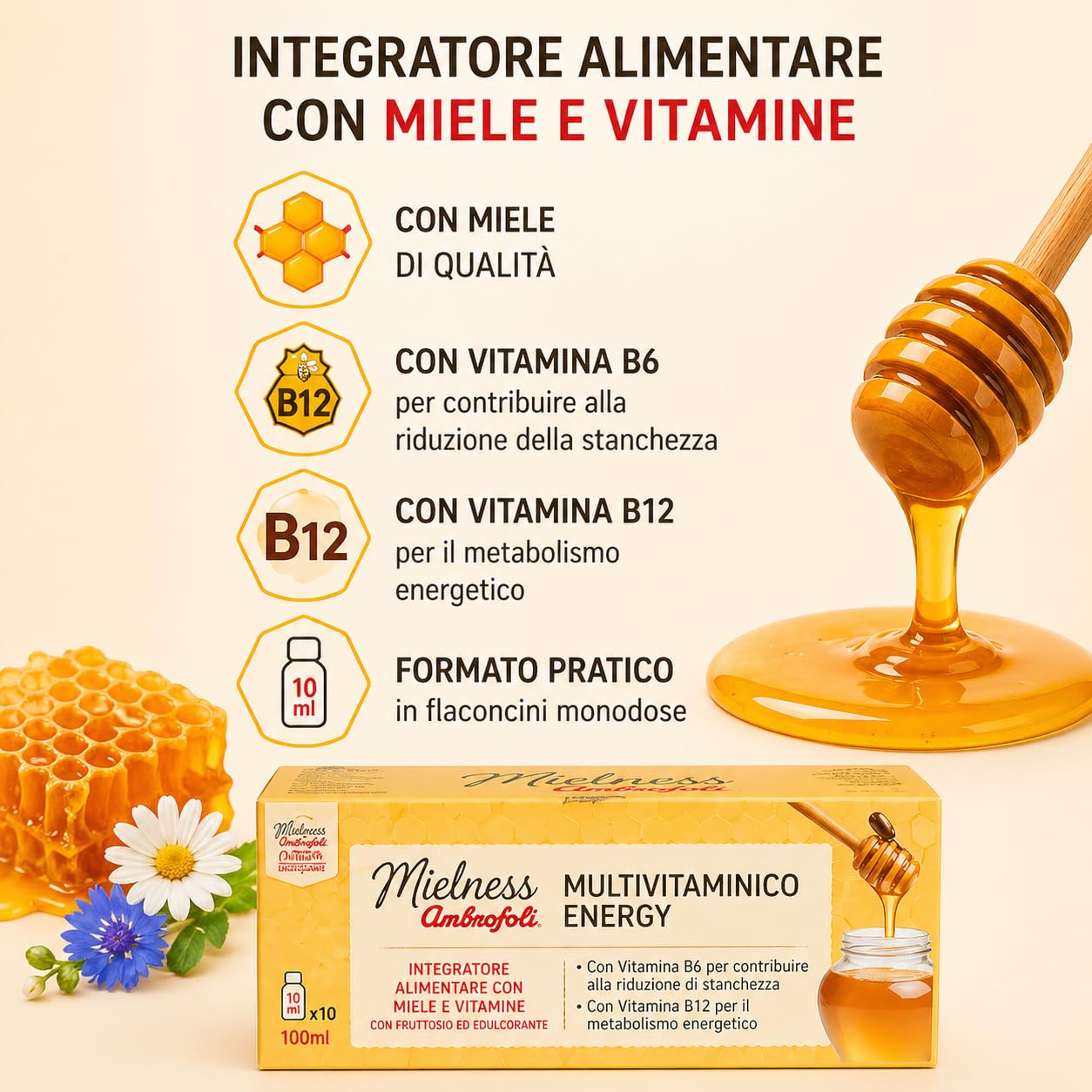 Ambrosoli Multivitaminico Energy con Miele – Integratore Stanchezza e Affaticamento – Vitamine B6 B12 – Metabolismo Energetico – 10 Flaconcini 10ml (Confezione da 2)