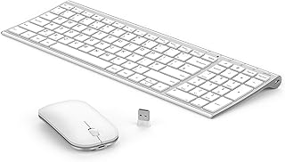 Rechargeabe Wireless Keyboard Mouse, Seenda Slim Thin Silent Keyboard and Mouse Set with Long Battery Life QWERTY UK Layout for Windows PC Laptop Computer, Silver White
