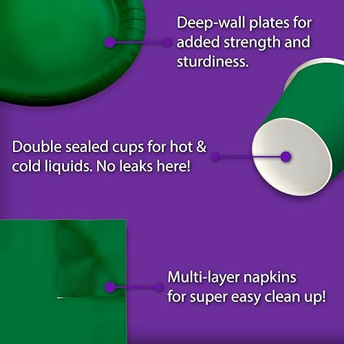 Miniatura 5 de Juego de suministros de fiesta de cumpleaños verde oscuro sólido, platos, servilletas, tazas, kit de vajilla para 16