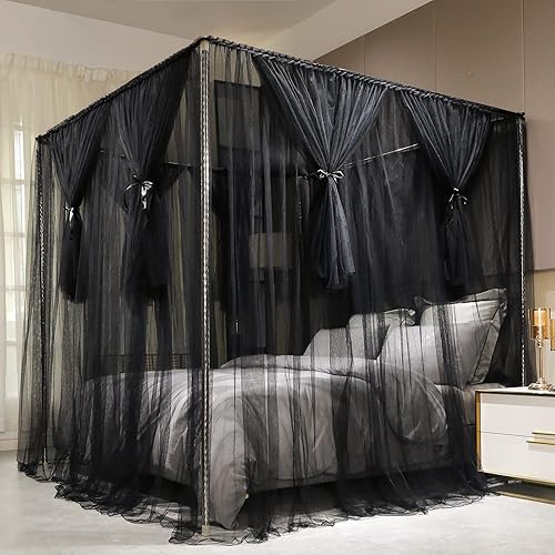 Miniatura 2 de Joyreap - Dosel de cama de 4 esquinas negro, lujosa, diseño de red acogedora y lujosa real, elegantes accesorios de decoración de dormitorio para