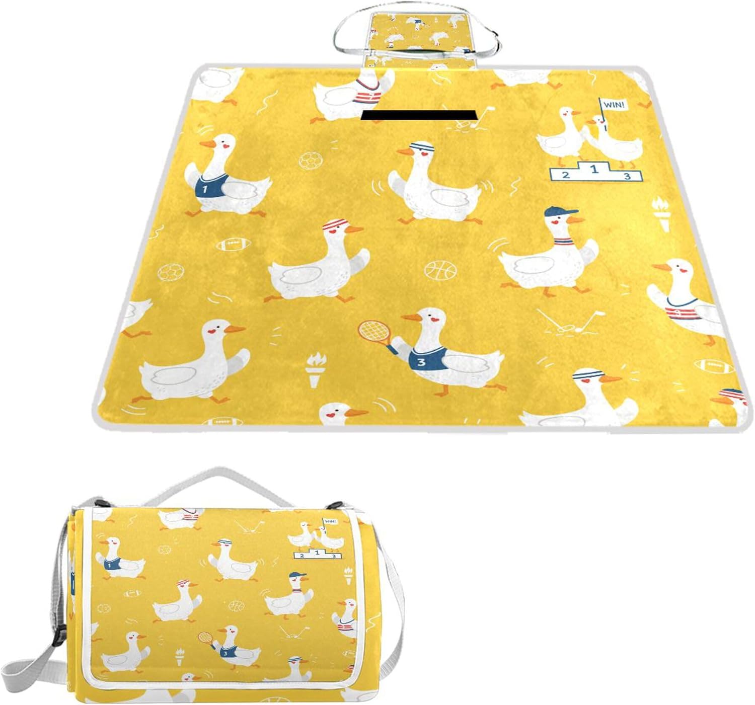 MNSRUU Picnic Blanket Waterproof Foldable, Cute Geese Large Outdoor Picnic Beach Camping Blanket Travel Mat, Shoulder Strap Tote, Rectangle 57x59in