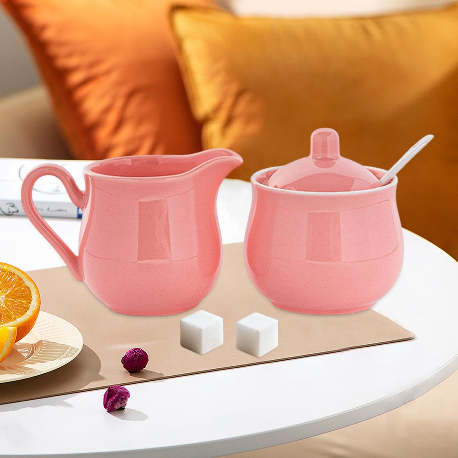 Sucrier Ensemble En Céramique Pichet à Crème Pot à Lait Boîte à Sucre avec Couvercle et Cuillère Compact Conçu pour Service Dîner Occidental D, Rose