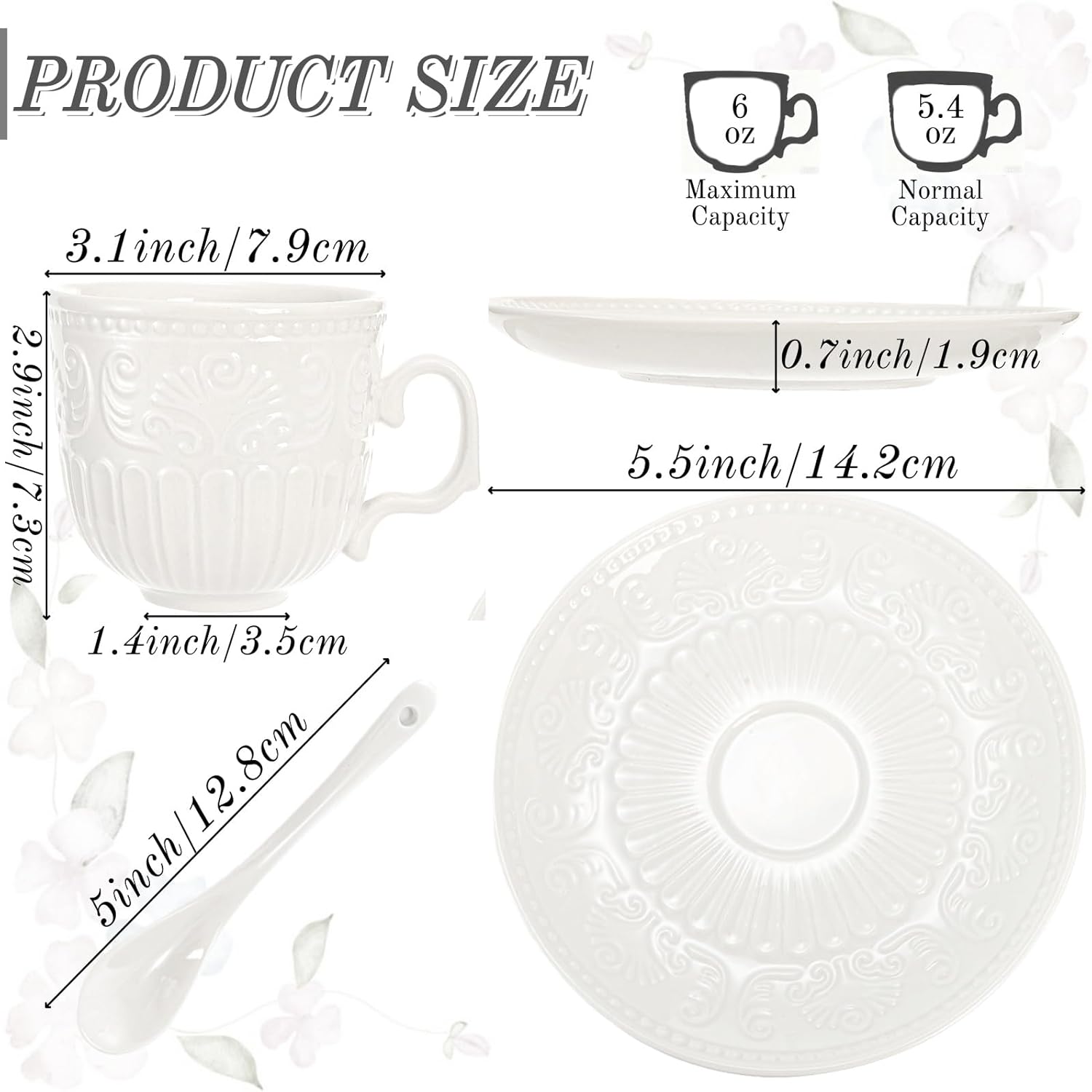 ZAVOOS Tea Cup and Saucer Set of 6, 6 Oz Vintage Porcelain Tea Cup with Spoon, Unique Embossed Floral Cappuccino Cups Sets for Latte, Cafe Mocha, Tea Party Decoration, Dishwasher Safe