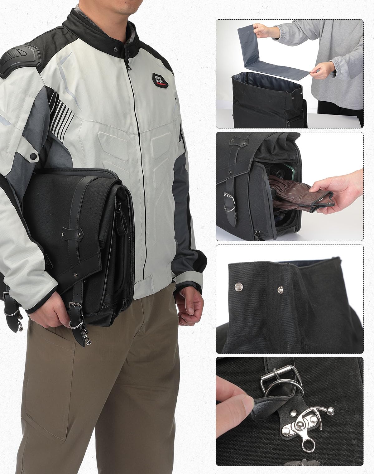 KEMIMOTO Borsa Posteriore Moto, 15L Borsa Laterale Moto Universale in Tela Cerata e Pelle, Borse Sella Impermeabile Compatibile con Softail Dyna Sportster Cruiser