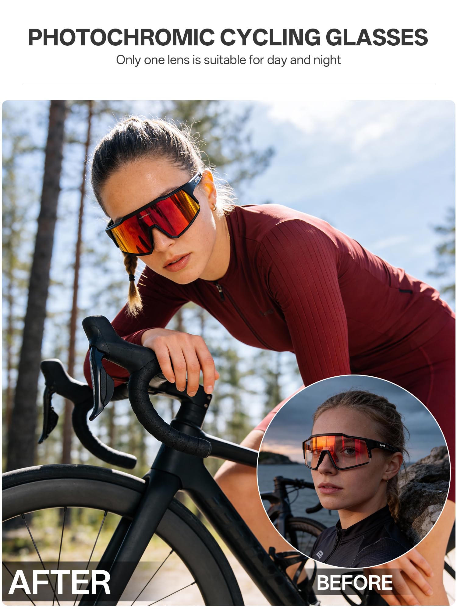 KAPVOE Photochromatische Selbsttönend Fahrradbrille TR90 Rahmen für Herren Damen Klar Sportsonnenbrille Sport Radfahren MTB Radbrille Sportbrille Fahren Baseball Laufen K9022
