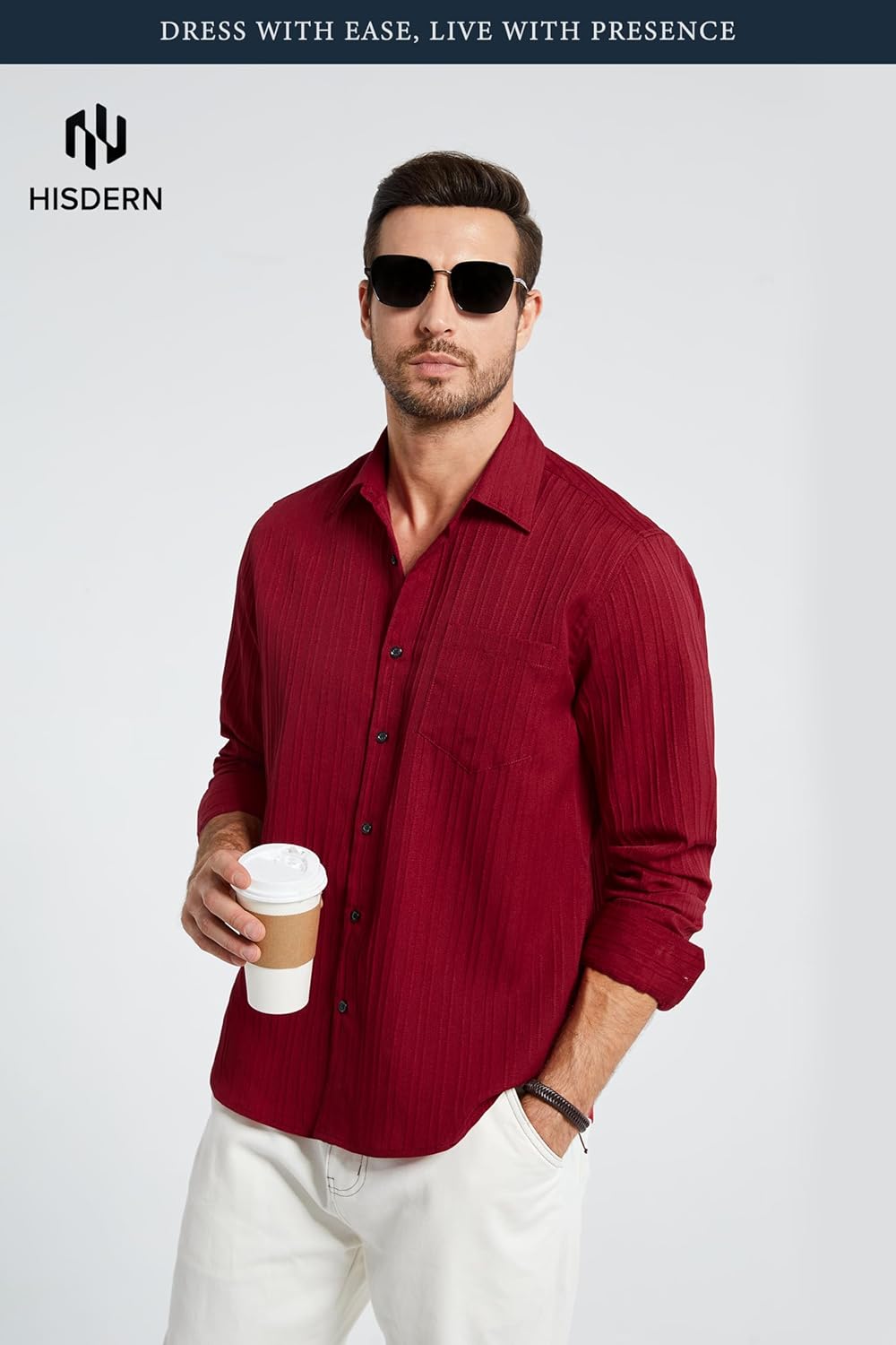 HISDERN 337 Mens Casual Shirts Long Sleeve Button Down Shirts Wrinkle Free Solid Collared Textured Shirt with Pocket - Image 2