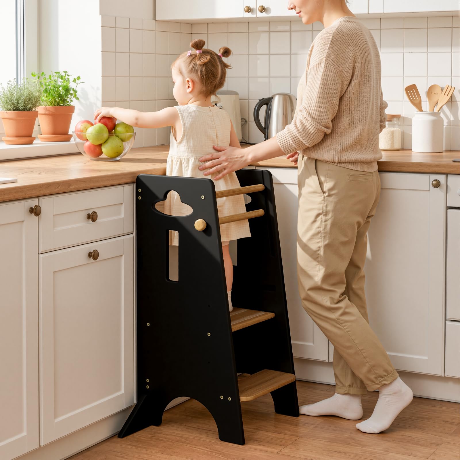 Toddler Standing Tower Adjustable Height - Super Stable Toddler Kitchen Stool Helper with 4 Stability Blocks - 3 Levels Adjustable Wooden Kitchen Stool for Kids (Natural & Black)
