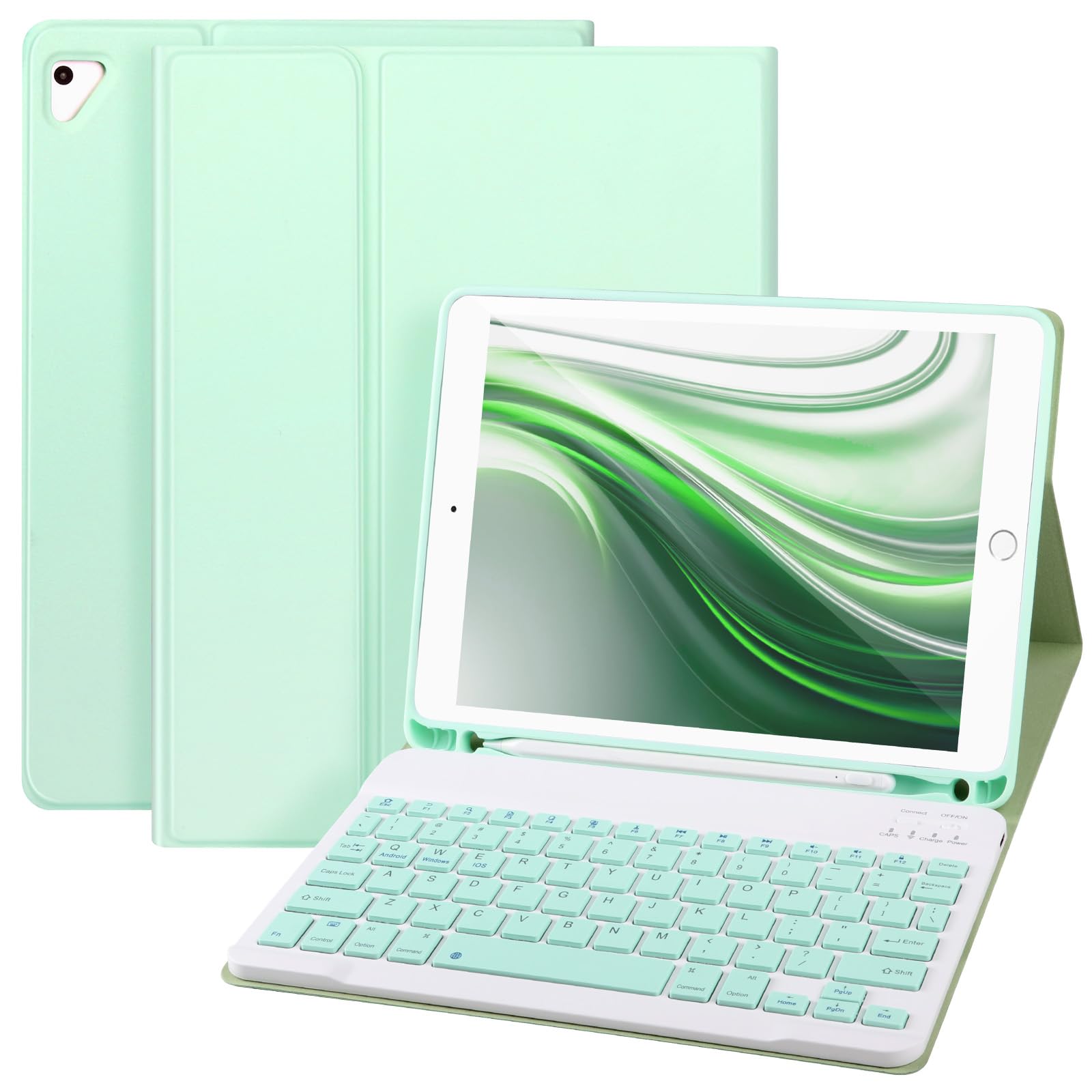 for iPad 6/5th Generation Case with Keyboard 2018/2017,Detachable Bluetooth Keyboard case for iPad Air 2/1,iPad Keyboard Case 9.7 inch with Pencil Holder,Square Keycaps,Green