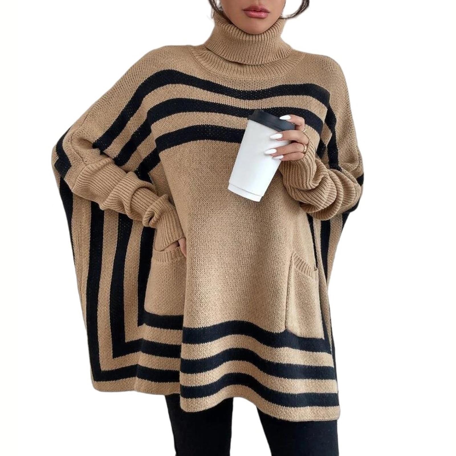Dzianinowe Swetry Ponczo dla Kobiet Jesień Zima Pasiasty Golf Sweter Nietoperzowe RęKawy Oversize Sweter