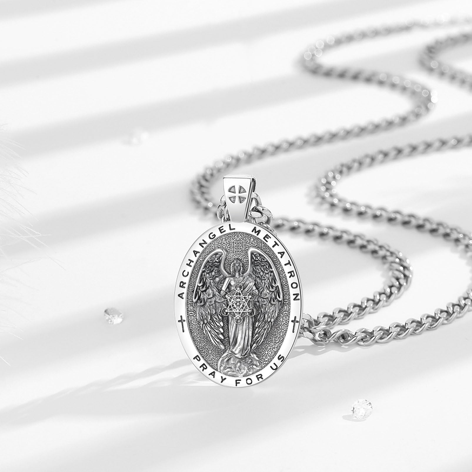 Collar de Arcángel Metatrón para Mujer Hombre Plata de Ley 925, Vintage Amuleto Cubo de Metatrón Colgante Católico Cristiano Joyería Regalo para Padre Madre, 22"+2"