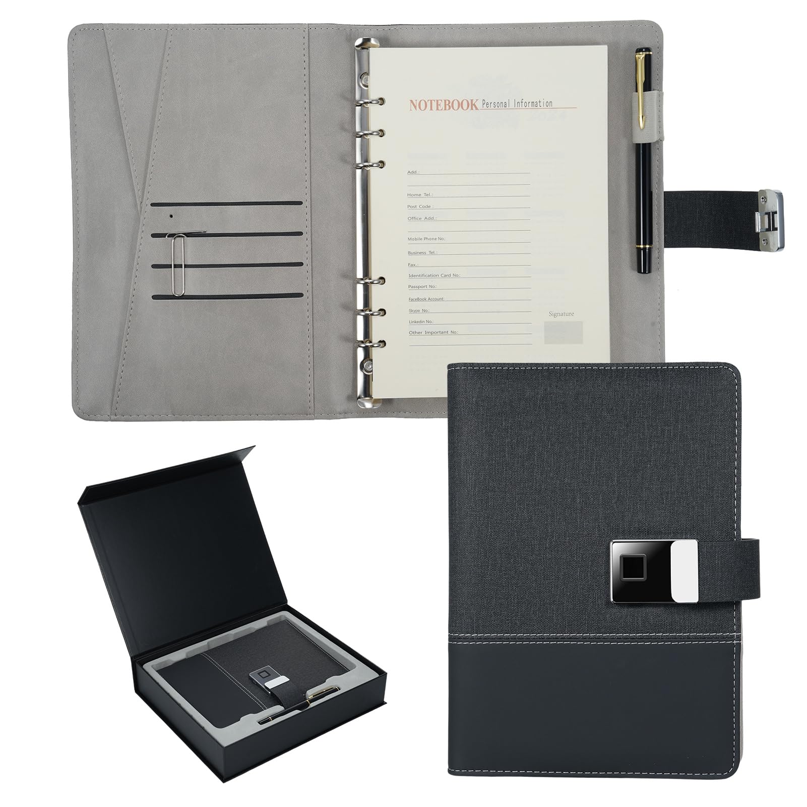 Notebook in Pelle A5, Copertina in Pelle PU con Blocco Impronte Digitali e unità USB da 16 GB, Raccoglitore a 6 Anelli con 100 Pagine e 4 Slot per Schede per Professionisti e