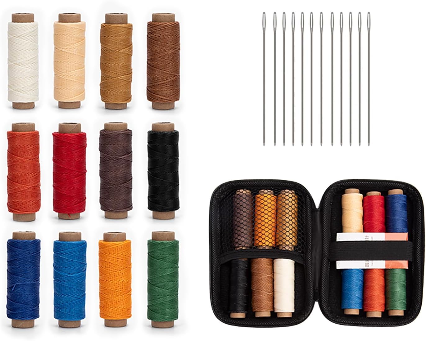WUTA 12-Colour Waxed Thread Kit, 0.65mm Round Leather Thread, Leather Sewing Thread for Hand Stitching, Leather Craft DIY, Wallets, Shoe Repair & Bookbinding with Needles & Storage Pouch