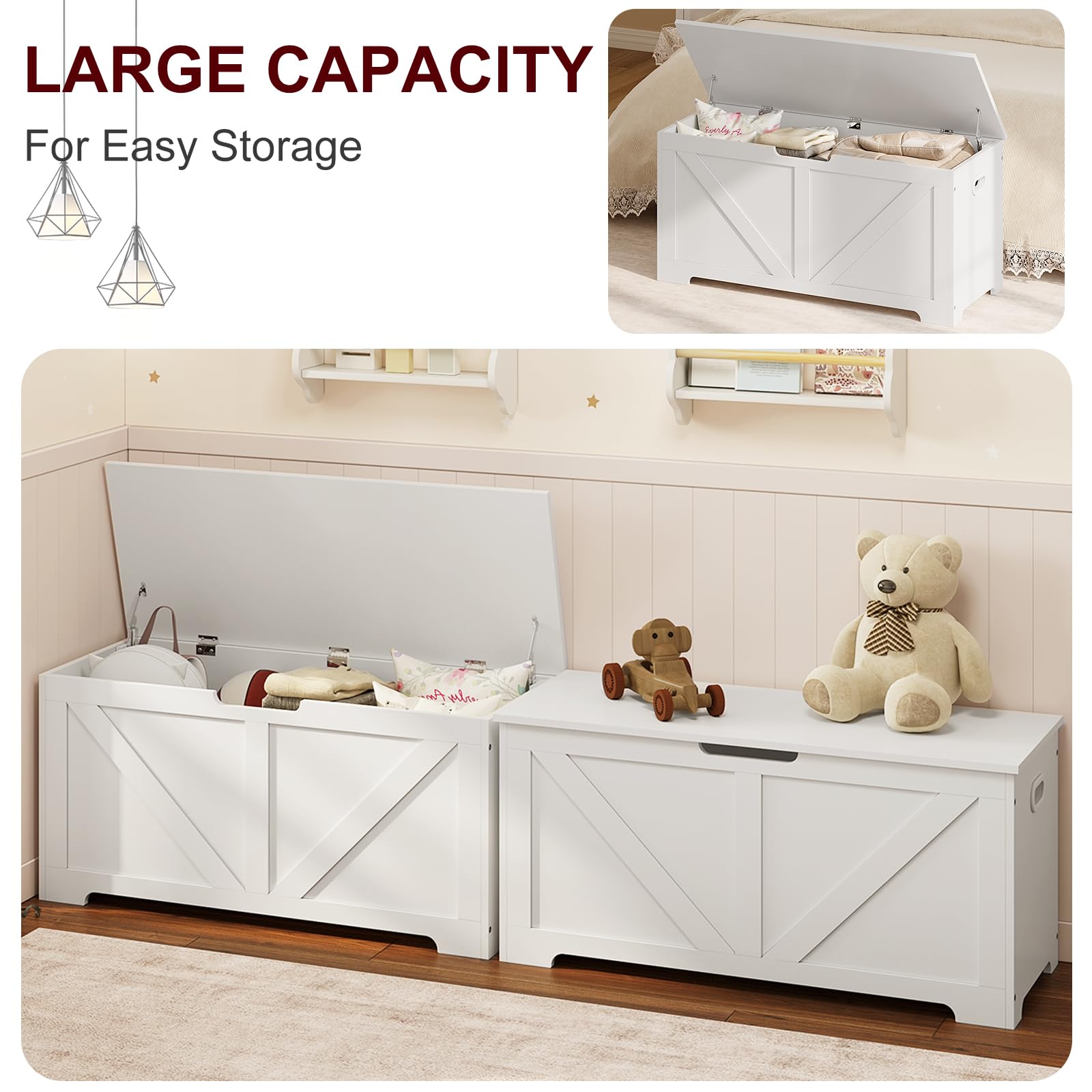 WOLTU Banco de Almacenaje, Baul Blanco 100x40x47 cm, Baúl Almacenaje de 76 L, Puff Organizador con Asiento, Madera, para Pasillo, Entrada, Dormitorio