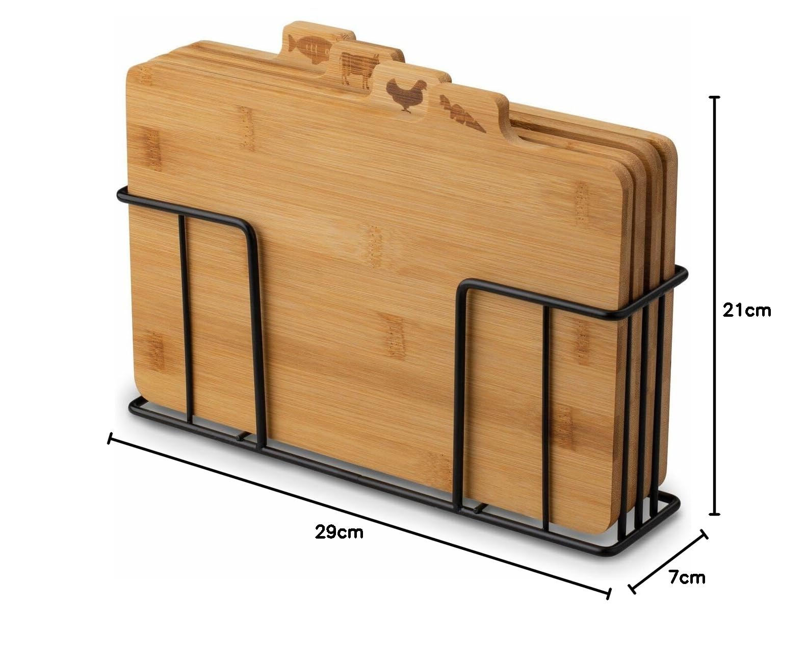 Juego de 4 tablas de cortar con soporte de cedro, un juego de tablas de cocina de bambú en un soporte de metal negro, tabla de cortar