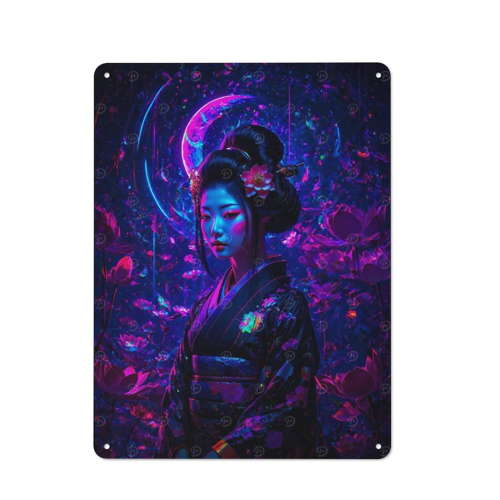 Junmoney Neon Geisha With Floral Background Japan Shed Metal Sign With Design 40X30cm, Outdoor Room Shed Wall Decor For Shed, Garden Room, Porch Or Garage