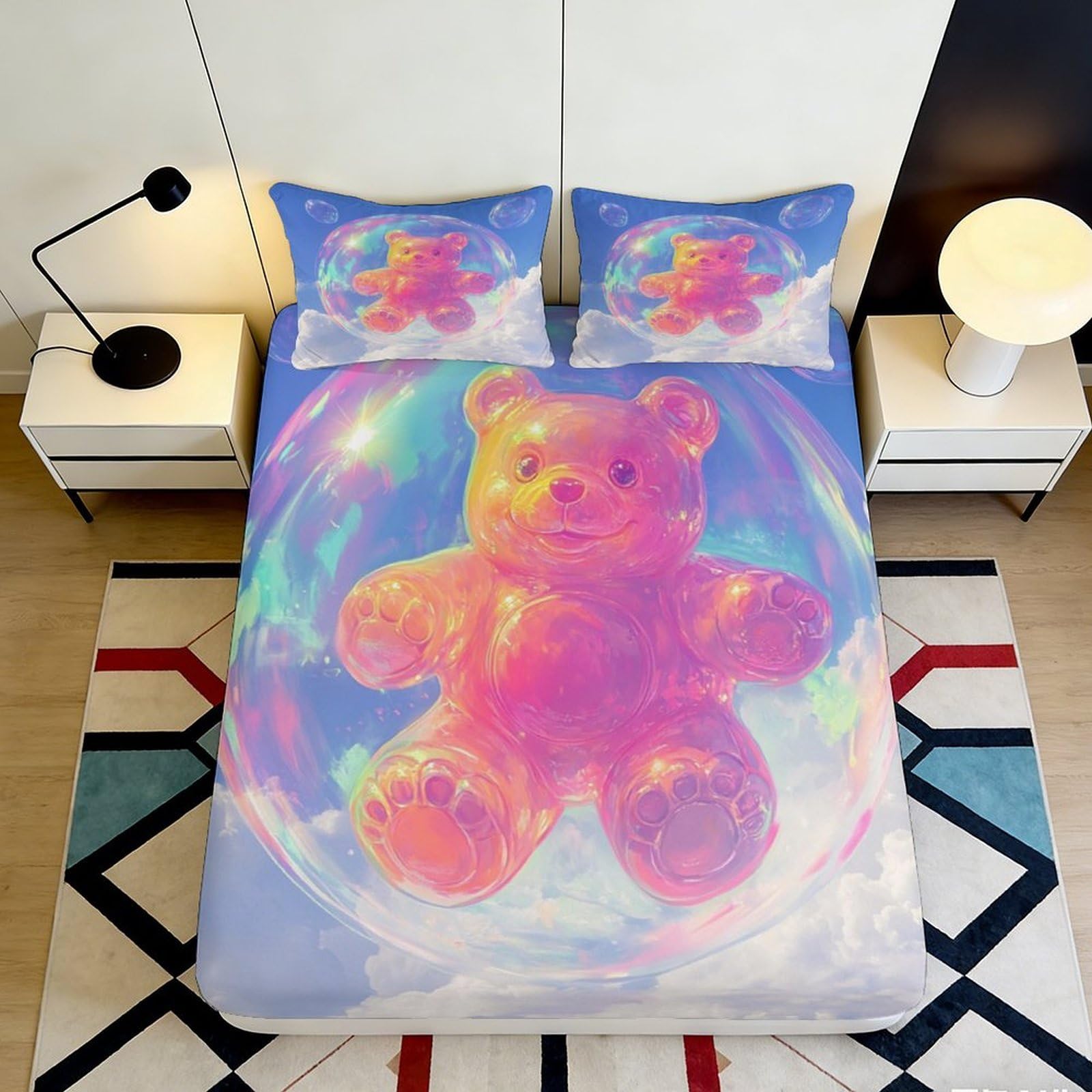 3D Printed Colorful Teddy Bear Fitted Sheet Microfiber Soft Breathable Bubble Pattern Mattress Cover for Bedroom Dormitory Guest Room Mattress Protection 180x200x25cm