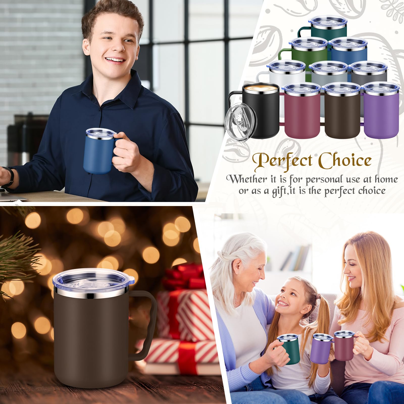 Roshtia 10 tazas de café de viaje reutilizables al vacío con tapa y asa, taza de café aislada de 17 onzas, taza aislada de doble pared de acero inoxidable para hombres, mujeres, hogar, oficina,