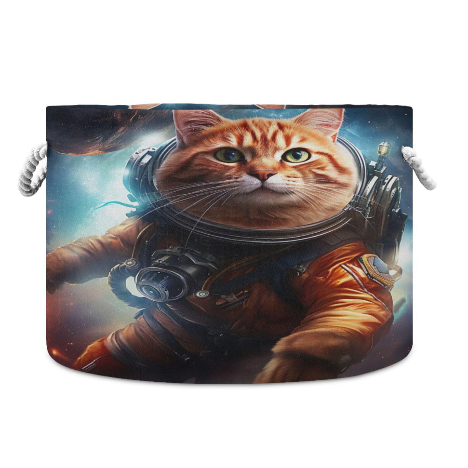 Round Space Astronaut Cat Funny Storage Basket Large Organizer Bin Laundry Hamper Toy Storage Basket with Handle for Nursery Clothes Toys 202b4761