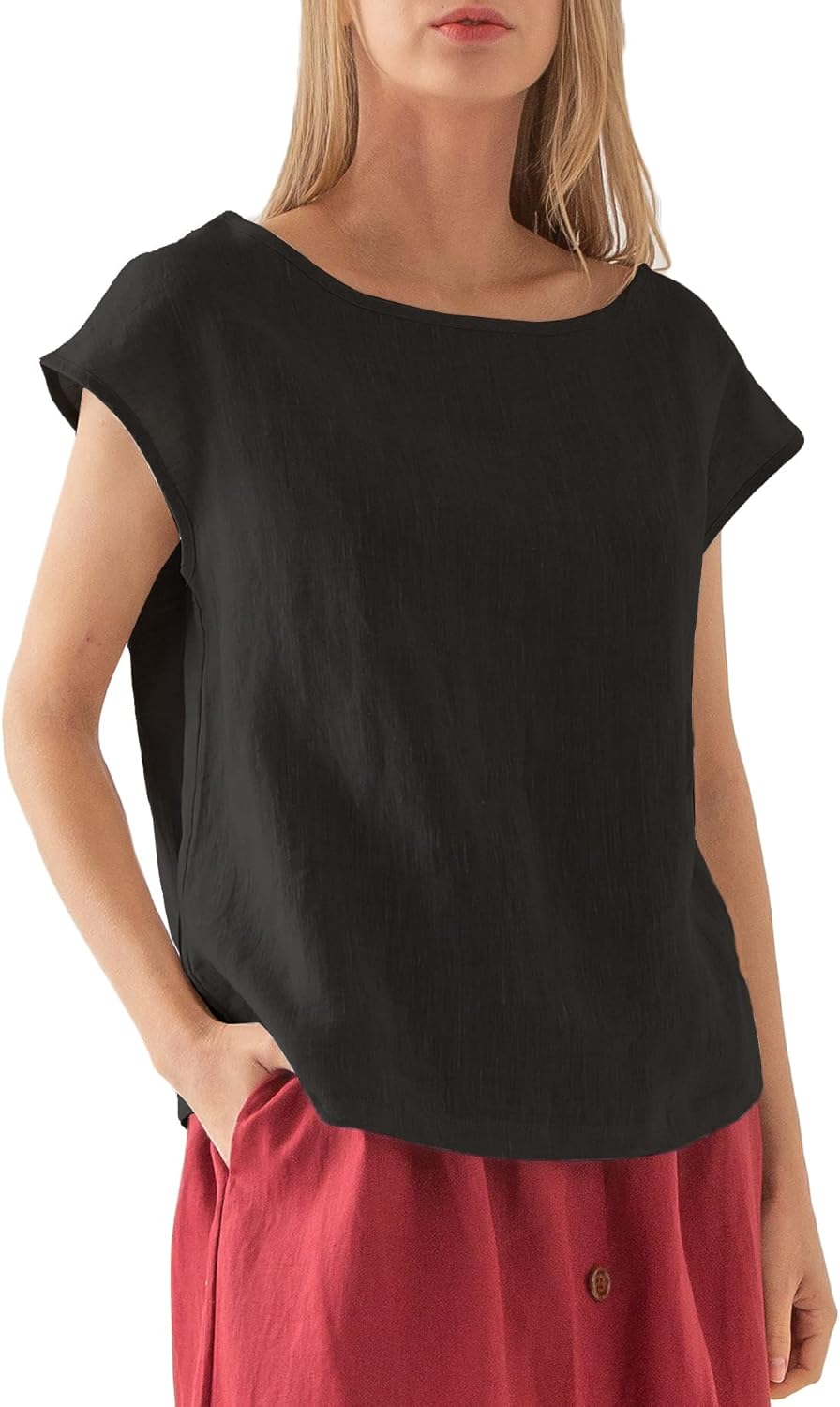 Amazhiyu Womens 100% Linen Casual Cap Sleeve Tops Basic Summer Loose Fit Blouse