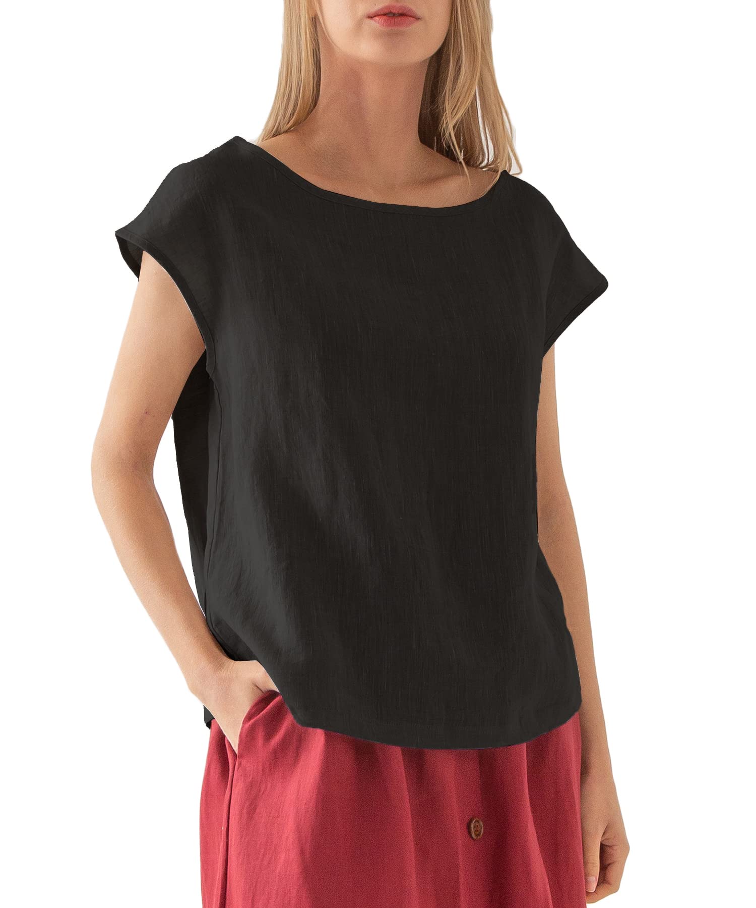 AmazhiyuWomens 100% Linen Casual Cap Sleeve Tops Basic Summer Loose Fit Blouse