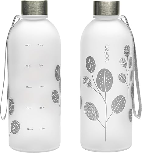 Miniatura 11 de bzyoo Botella de agua transparente de 32 onzas y 1 litro con marcador de tiempo, diseño de hojas, plástico duradero, sin BPA, reutilizable con Hoja