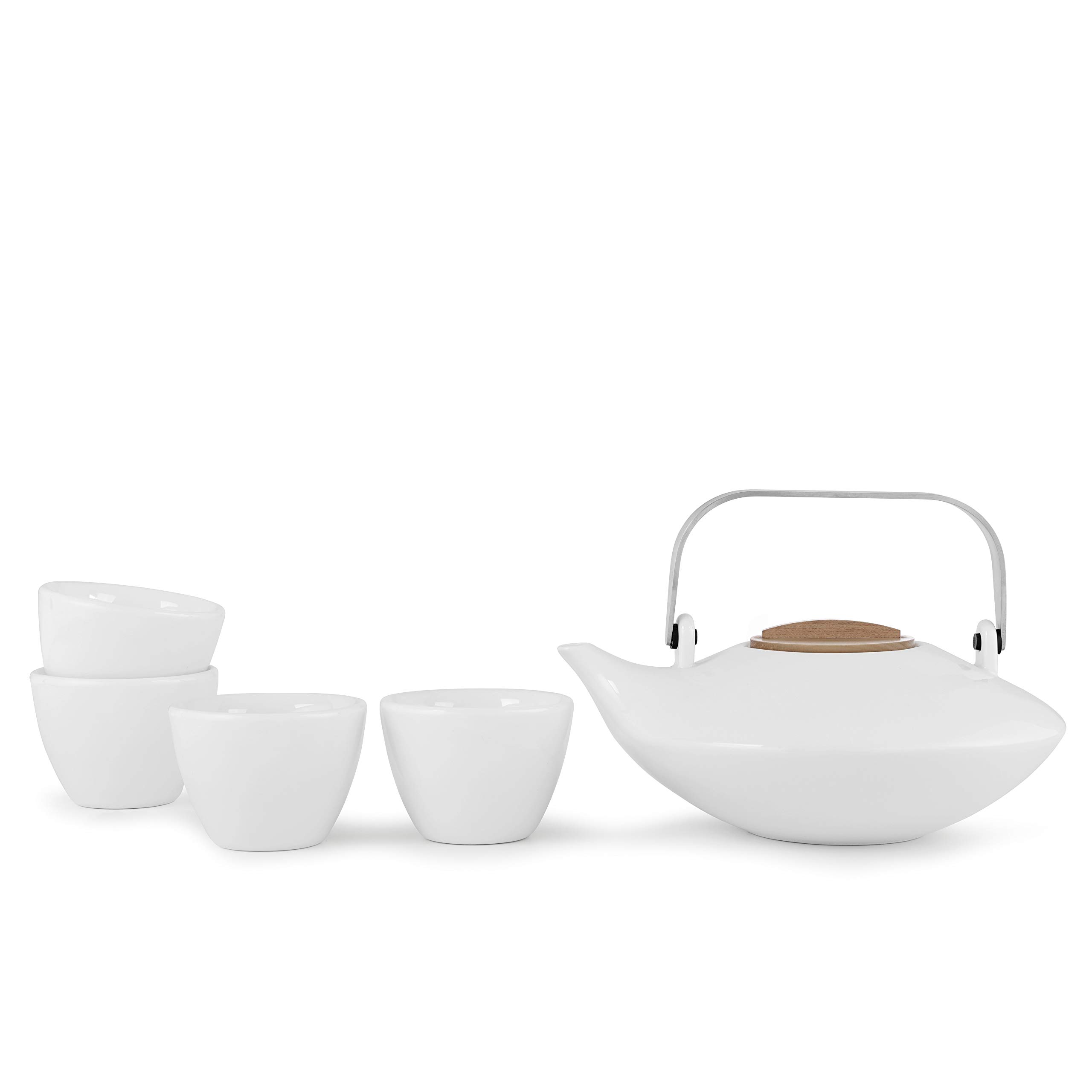 Teeservice Set Porzellan 5-teilig: weiß, inklusive 1x Tee-Kanne & 4 Teetassen, tropffrei, modernes Design