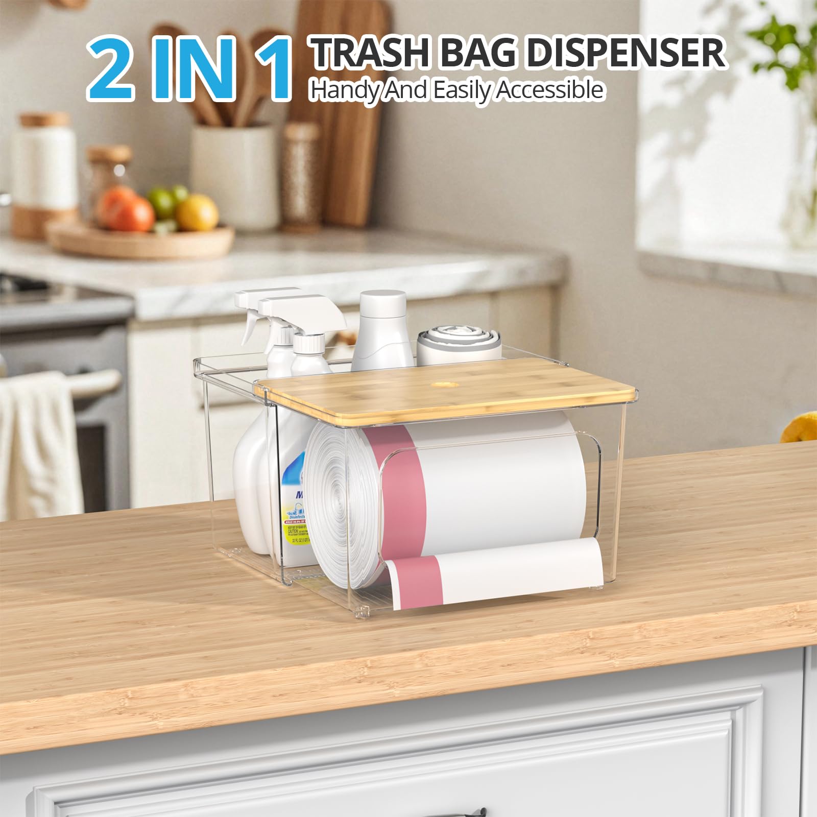 Dispensador de bolsas de basura, dispensador de bolsas de basura transparente con tapa de bambú y caja de cajón deslizante, soporte para bolsas de basura para cocina, debajo del fregadero