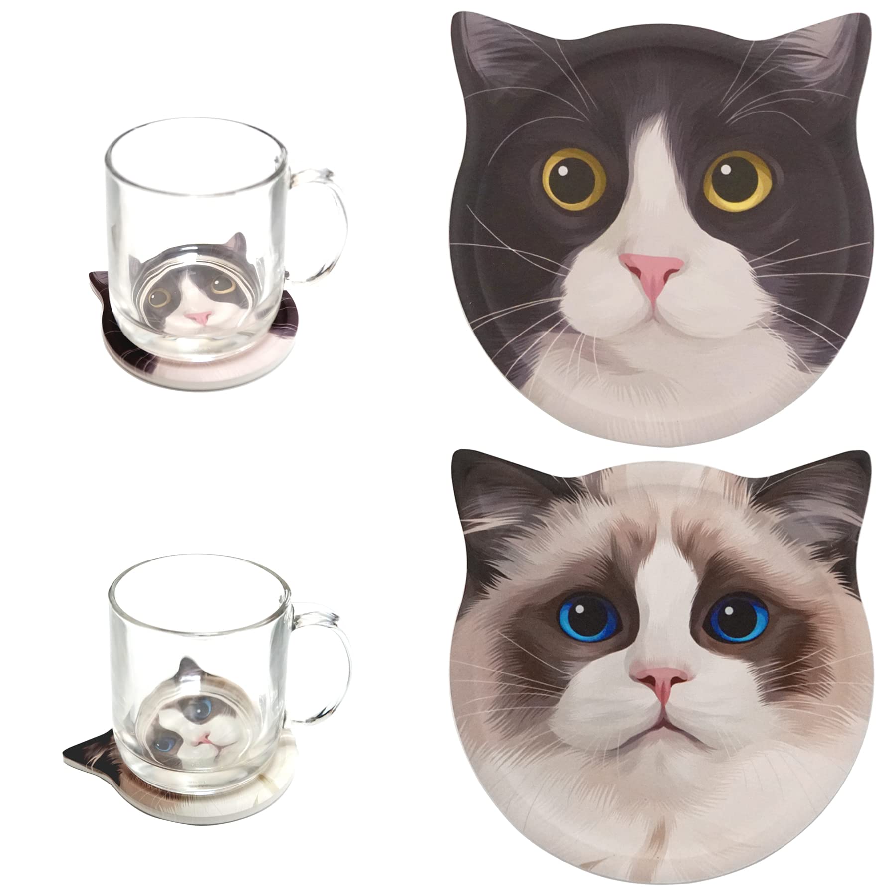 2 PCS Absorbent Coasters for Drinks, Cats Shape 10cm Cat Shape Round Ceramic Stone Coaster with Cork Base Fit Most Cups Home Décor