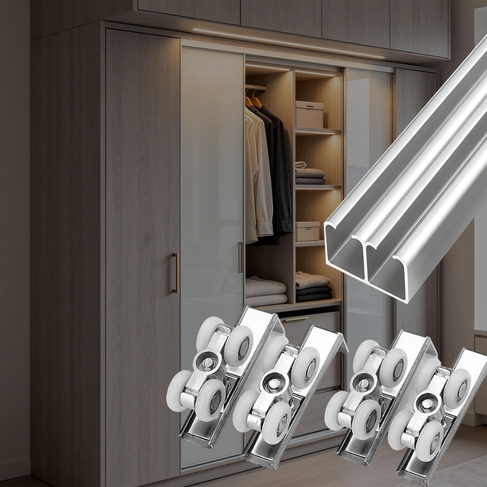 HDYZJQ Heavty Duty Double Sliding Door Track System with Smooth Rollers, 90 100 200 300 400 Cm Length Doors Rail for Patio/Garage, Box Rail Barn Door Hardware Kit(Silver,170cm/66.9in)