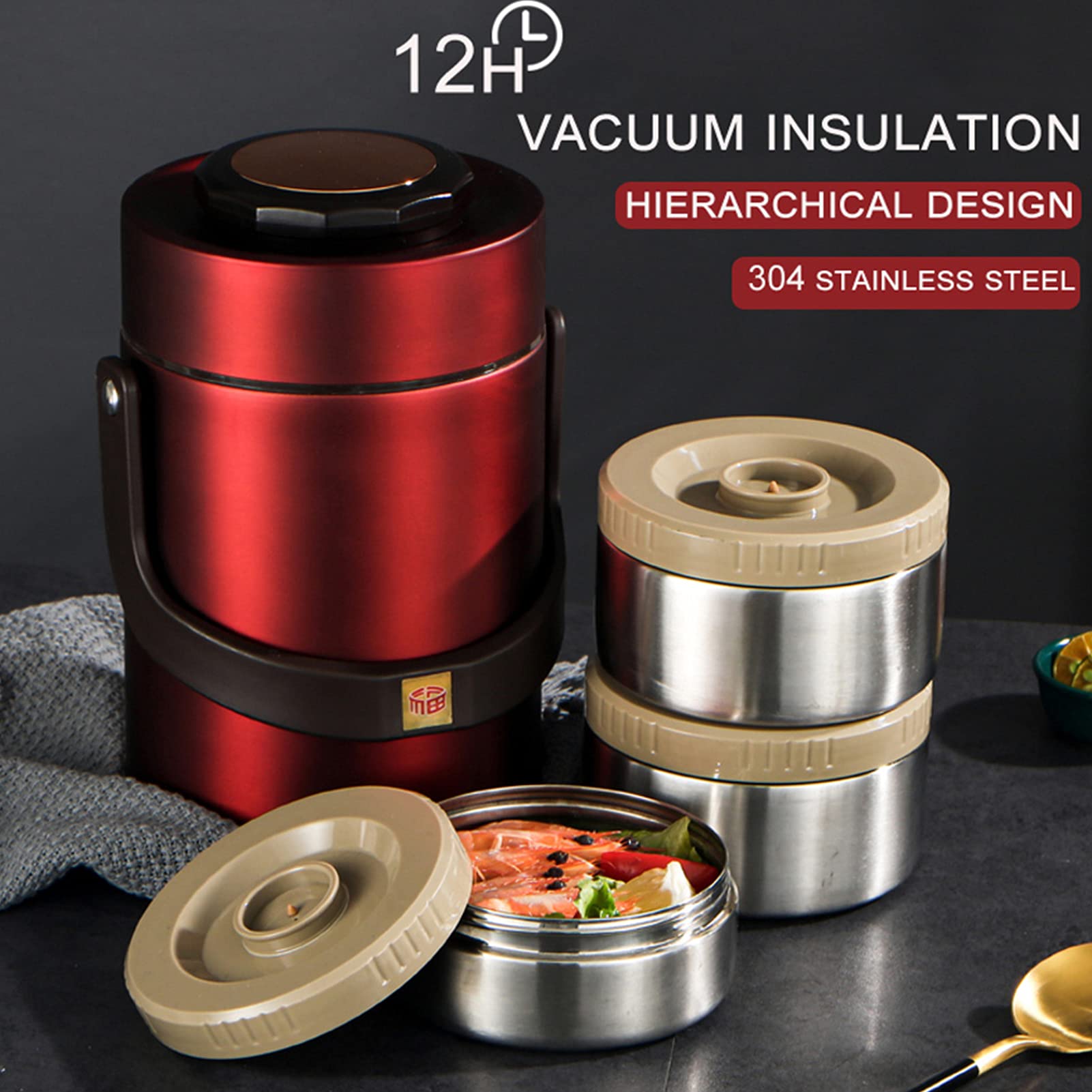 Vakuumisolierter Thermobehälter für Essen,Edelstahl Thermos-Lebensmittelbehälter Lunch-Boxen,3 Schicht Thermo Lunchbox Bento Box,für Salate Sandwiches Snacks Suppenreis,Rot,2.3L