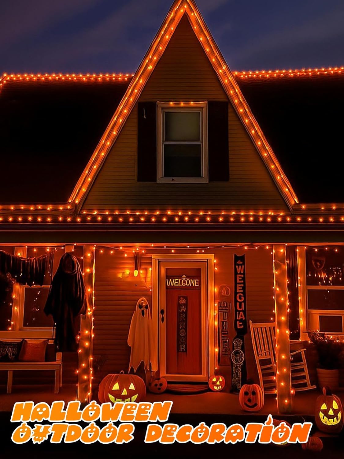 Lot de 2 guirlandes lumineuses d'Halloween à piles avec minuteur, 200 DEL, étanches, avec 8 modes pour intérieur et extérieur, fête, chambre à coucher, décorations d'Halloween