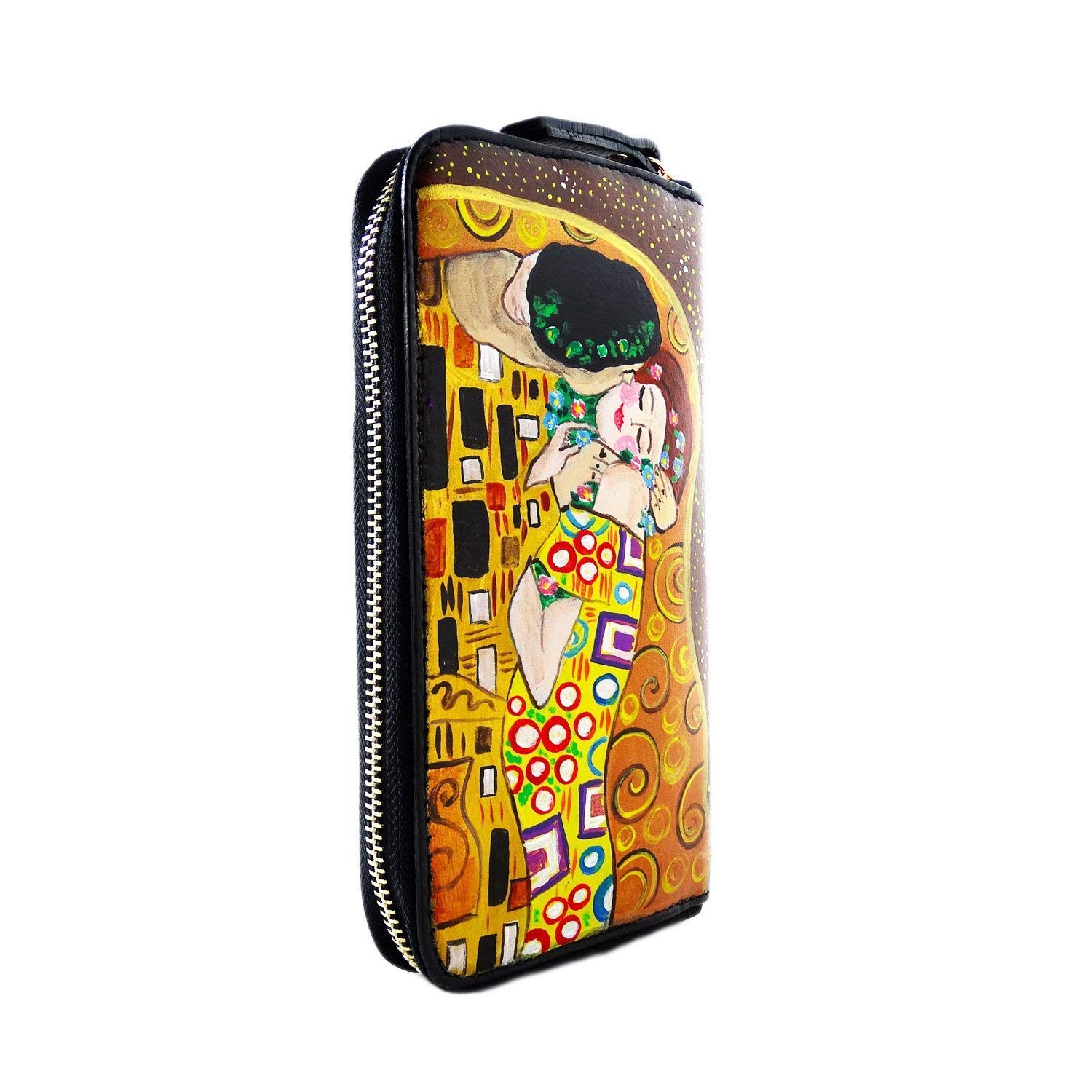 Arte Lisanti Portafoglio da donna in pelle dipinta a mano - IL BACIO DI KLIMT - Portafogli Donna, Vera Pelle, Made in Italy, con cerniera lampo, porta carte credito, Lavorazione Artigianale