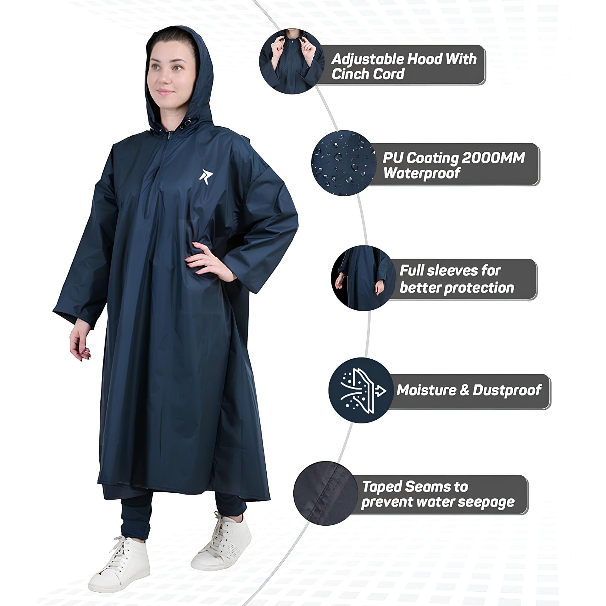 ROCKSPORT Unisex Hooded Rain Poncho for Adult, Polyester Waterproof, lightweight,Reusable& Packable, Long Sleeve & One Size Fits Most, Free Size (Blue) 3