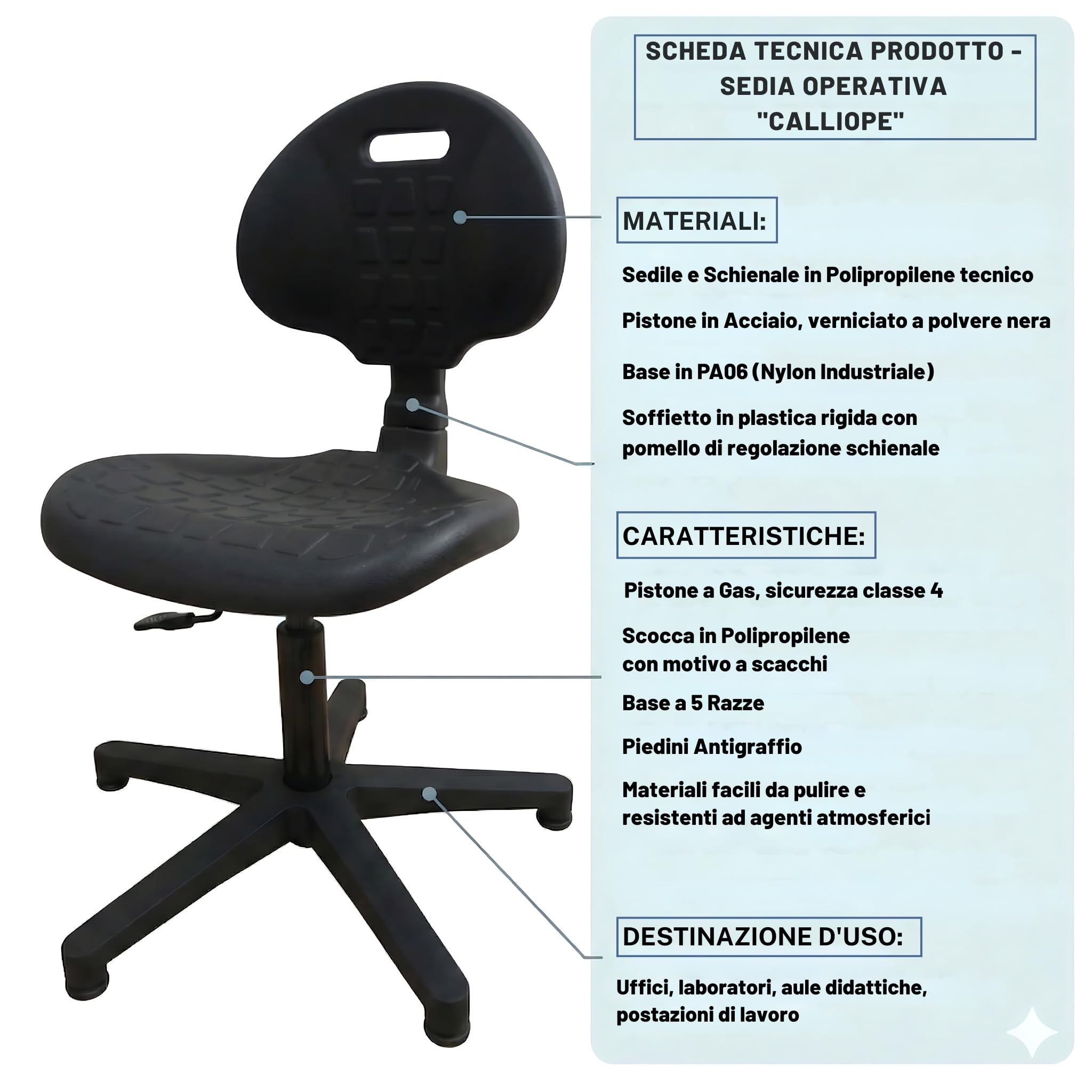FITEX Sedia Operativa CALLIOPE in Poliuretano ad Alta Resistenza, Facile da Pulire, Seduta Tecnica per Ufficio, Laboratorio e Aree Produttive - Nera