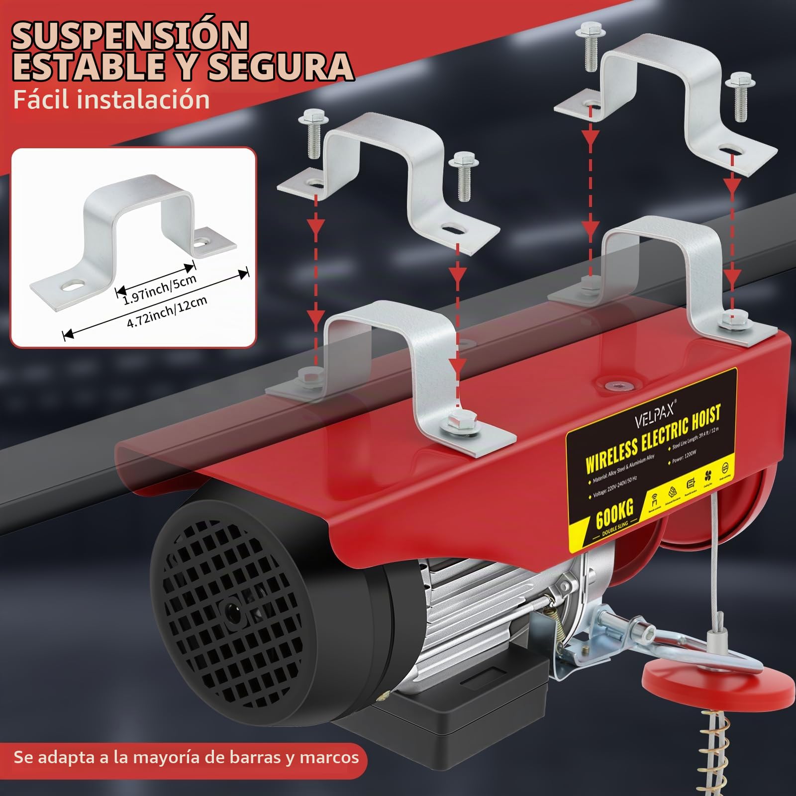 Polipasto Eléctrico 600 kg, 1200 W, Altura de Elevación 12 m, Velocidad 10m/min, Motor de Cobre Puro, Cabrestante Eléctrico con Control Remoto de Cable, para Talleres y Almacenes