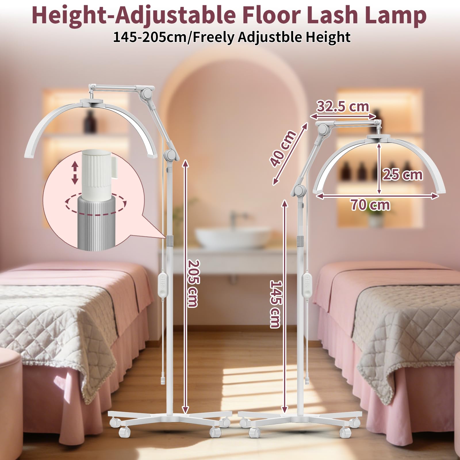 Diesisa Lampe Demi Lune Extension De Cils: Lampadaire à Cils avec Support de Téléphone - Base Roulante -360° Rotative Tête- Luminosité et Hauteur Réglable pour extensions de cils et tatouages-Blanc