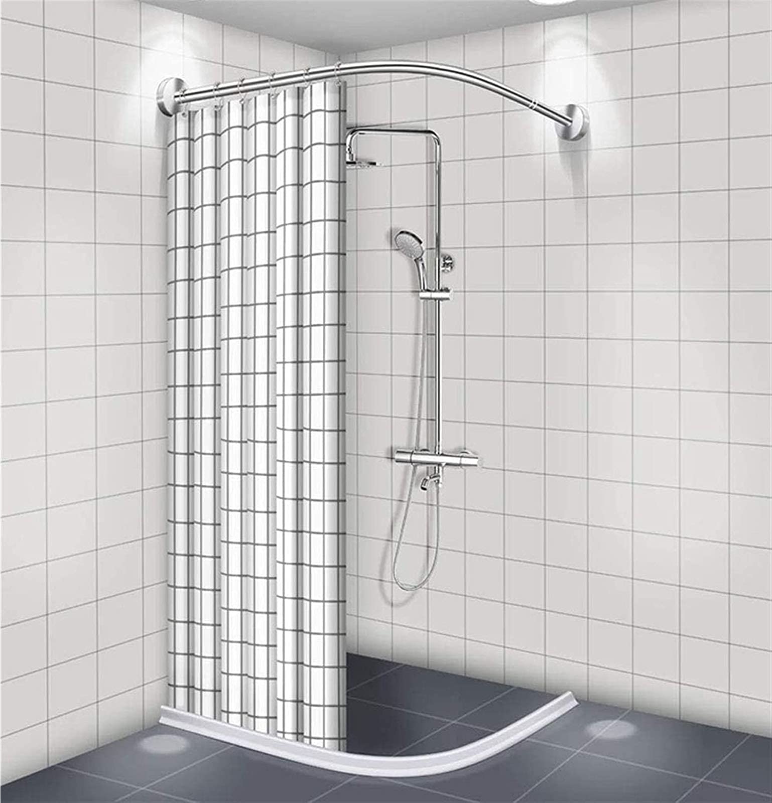 Tringle de douche incurvée extensible sans perçage en acier pour salle de bain pour une installation facile