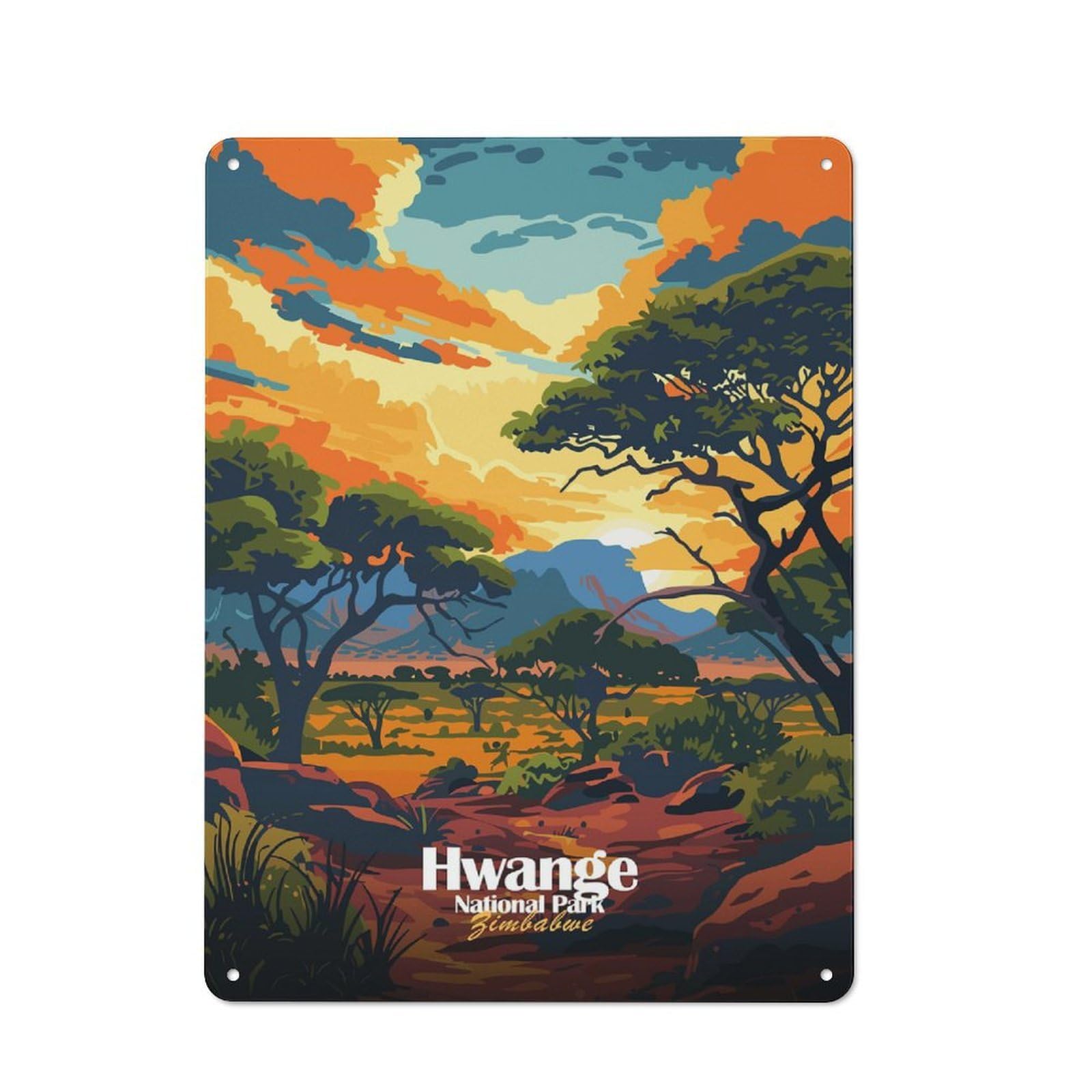 Junmoney Style-22 Tin Wall Plaque 40X30cm With Hwange National Park Zimbabwe Illustration For Workshop Wall, Housewarming Wall Decor For People Furnishing Workshop