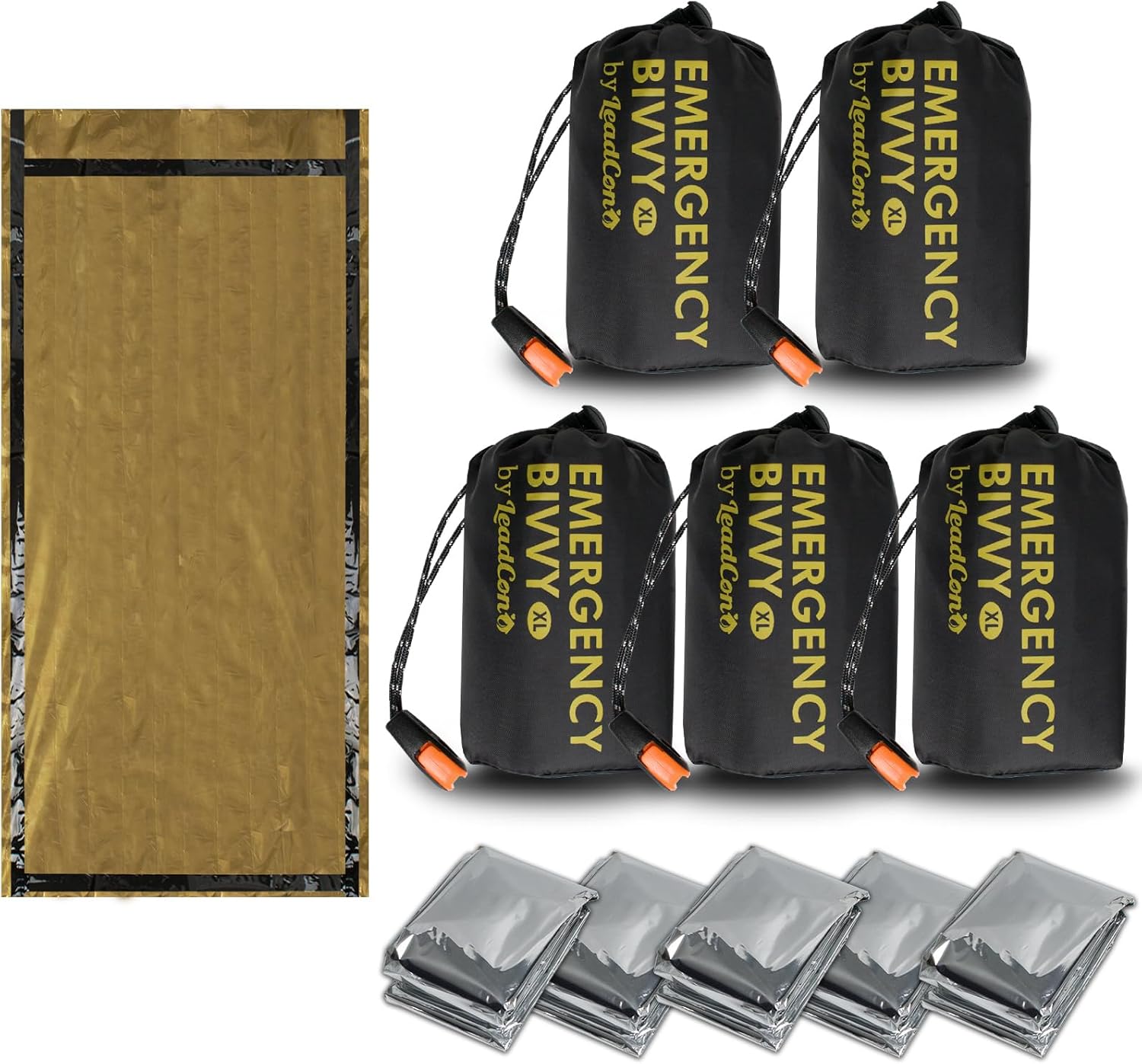 5 Pack Extra Large Emergency Sleeping Bags with Survival Whistle, Aluminized PE Survival Gear Supplies for Camping Hiking. Emergency Blankets for Survival 5 Pack Extra Large Emergency Sleeping Bags with Survival Whistle, Aluminized PE Survival Gear Supplies for Camping Hiking. Emergency Blankets for Survival