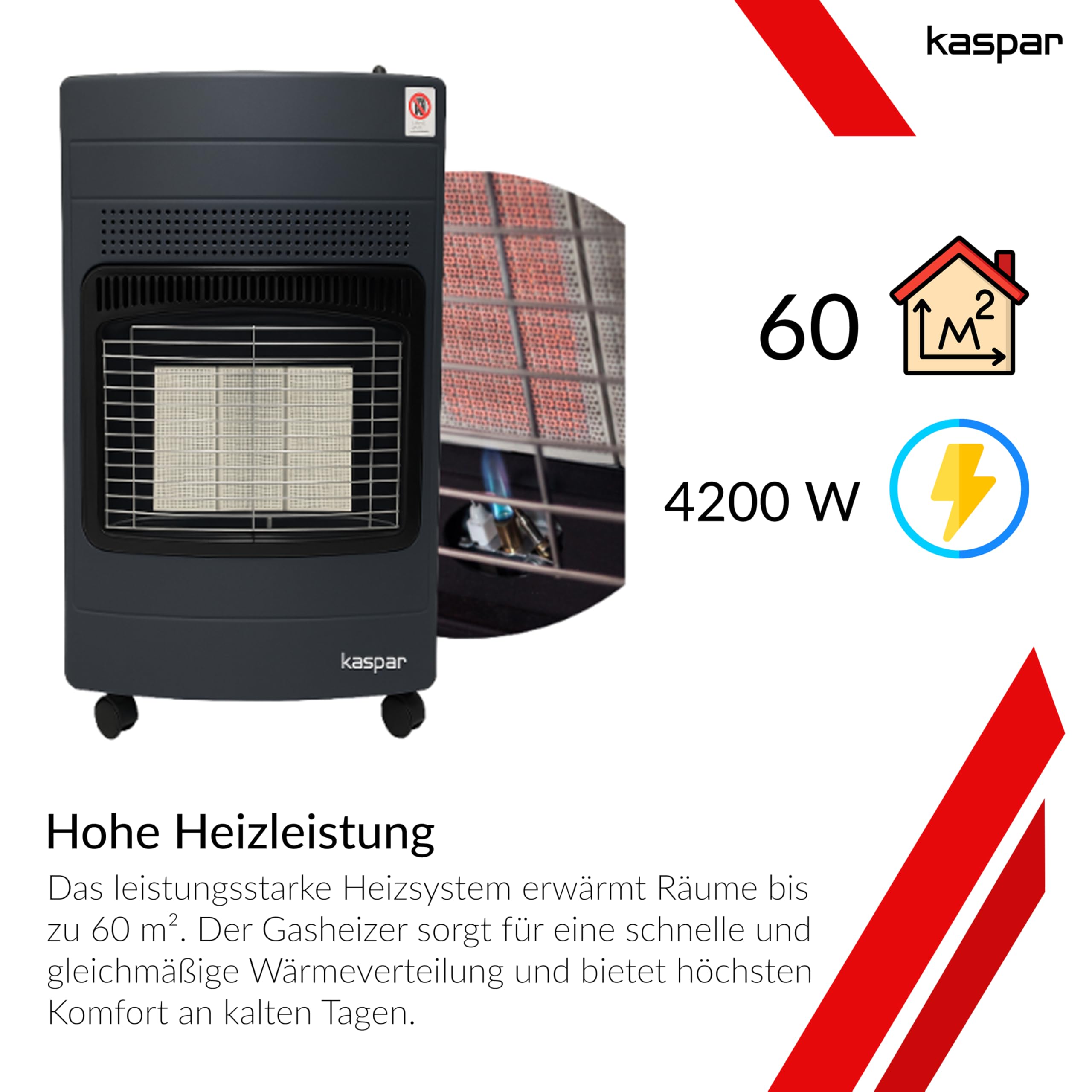 Kaspar Gasheizer Mit Gasdruckregler Gasschlauch Gasheizofen Heizstrahler 1500 2800 4200 W Gasheizung Für Innenräume Außen Terrasse Camping Zelt Für Fläche Bis 60 m2