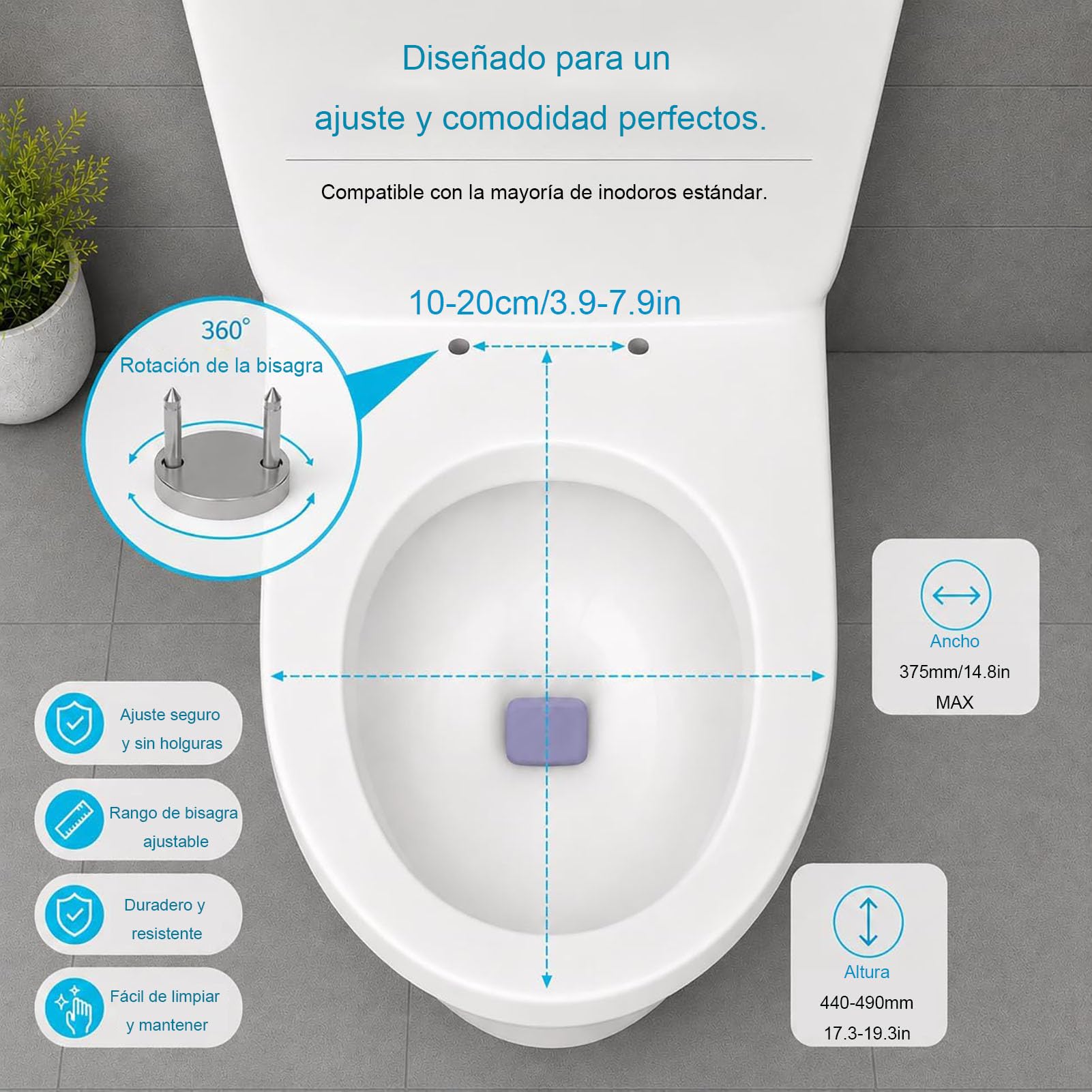 Tapa WC Universal en Forma V, Asiento de Inodoro de Duroplast, 46x37.5cm