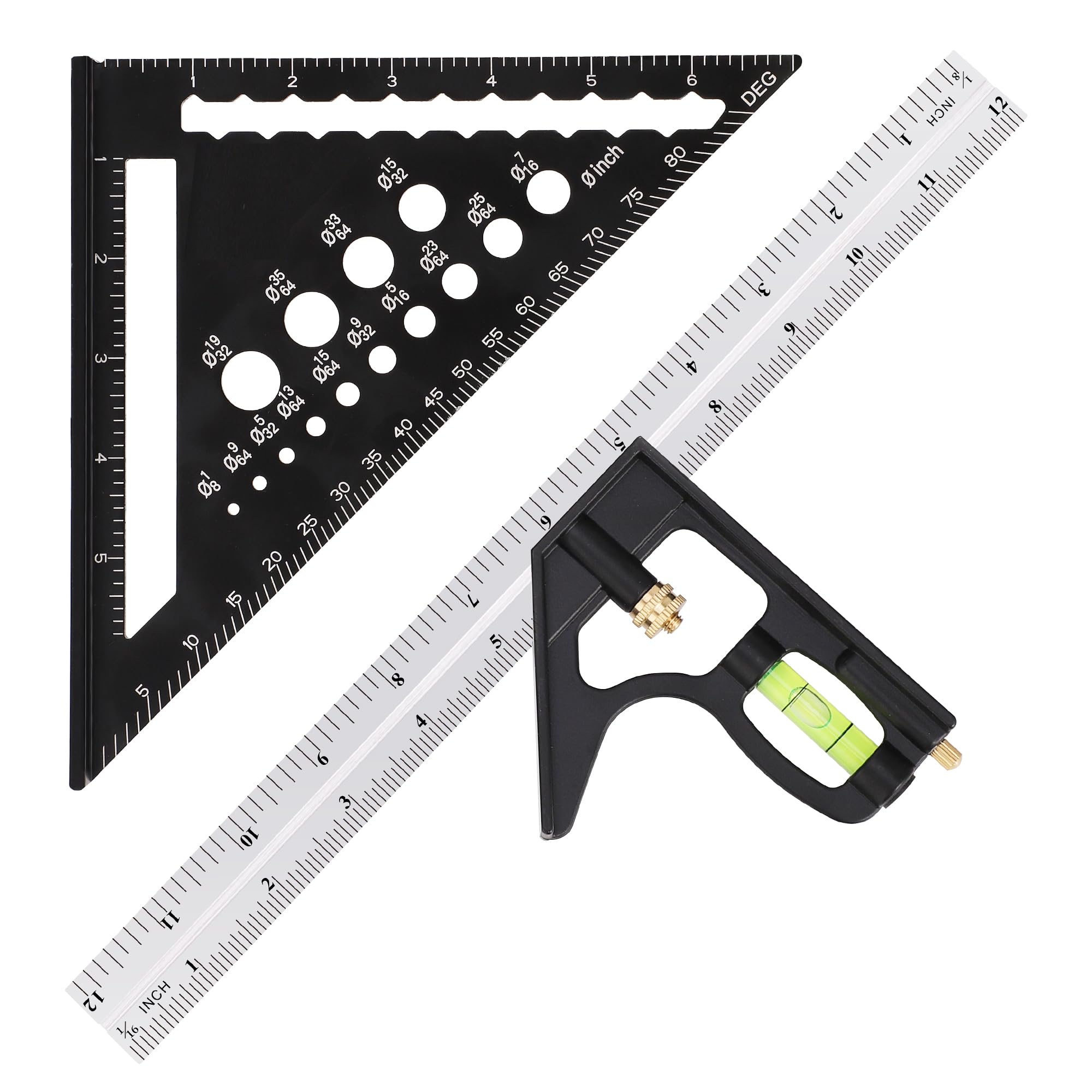 Carpenter Square and Rafter Square Ruler Set, Aluminum 12" Combo Square Set w/Level Bubbles & 2 Pencils,45 Degree Angle Cutting Square,Construction Square,7" Combination Framing Square Set Black