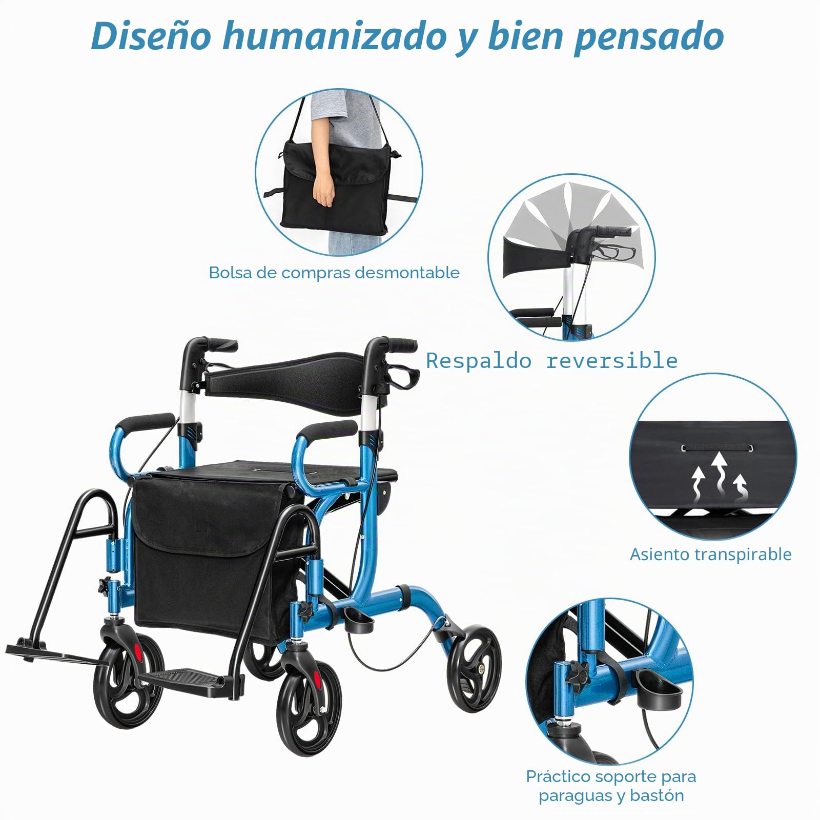 HOMASIS 2 en 1 Andador con Ruedas PVC para Ancianos, Andador Plegable con Asiento y Mangos de 6 Alturas Ajustables, Silla de Transporte, Marco de Aluminio, Hasta 160 kg (Azul)