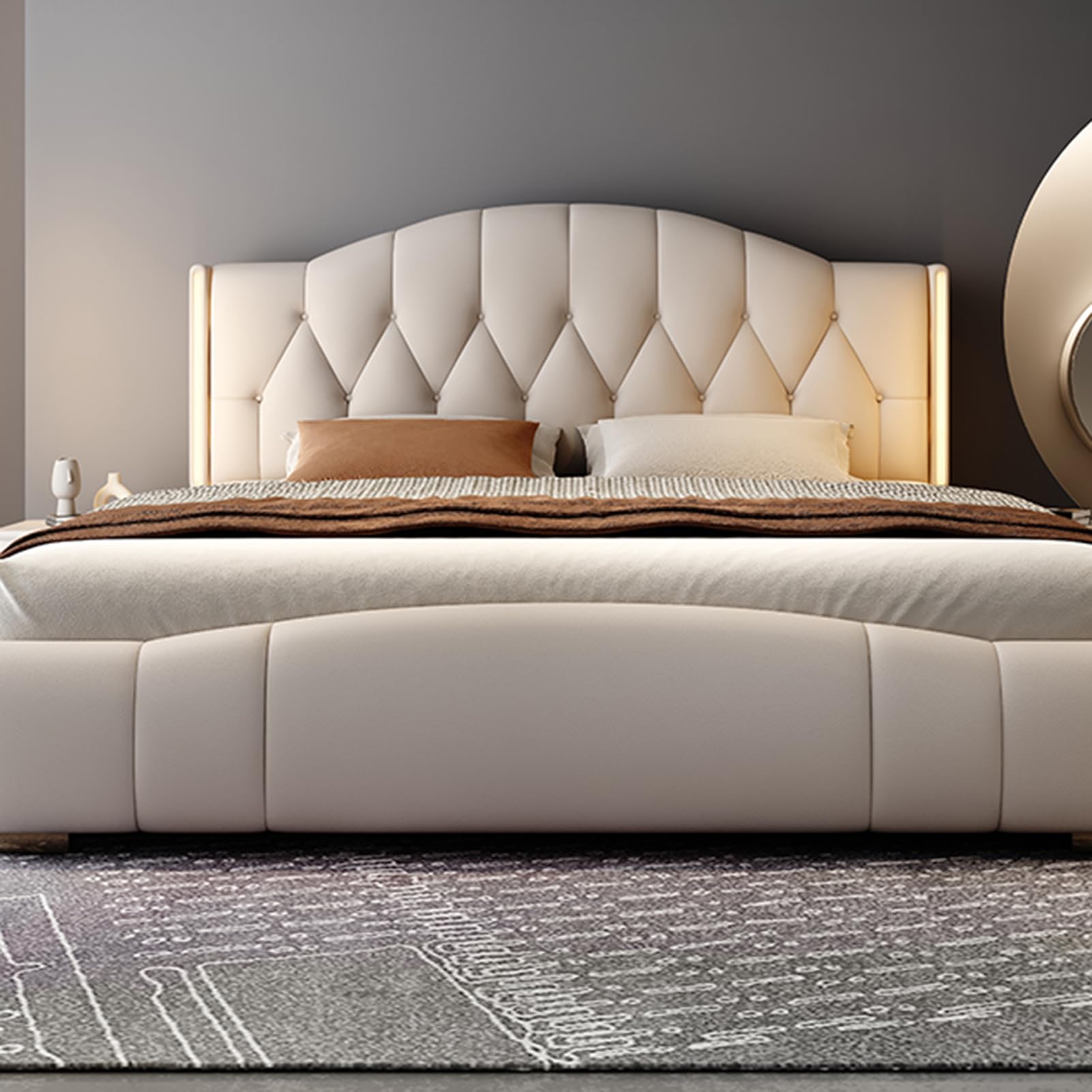 Luxury King Size Genuine Leather Bed Upholstered Platform Bed Frame with Wingback Headboard and Storage Drawers Strong Wooden