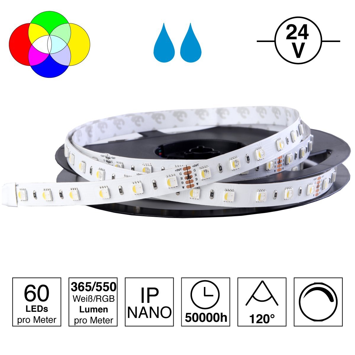 LED-Streifen RGBW 4 in 1: sehr hochwertiger LED-Streifen RGBW warmweiß (3000K) mit 60 LEDs pro Meter, hoch selektiert, 24V, 19,2W pro Meter (3000K IP65NANO Rolle 5m)