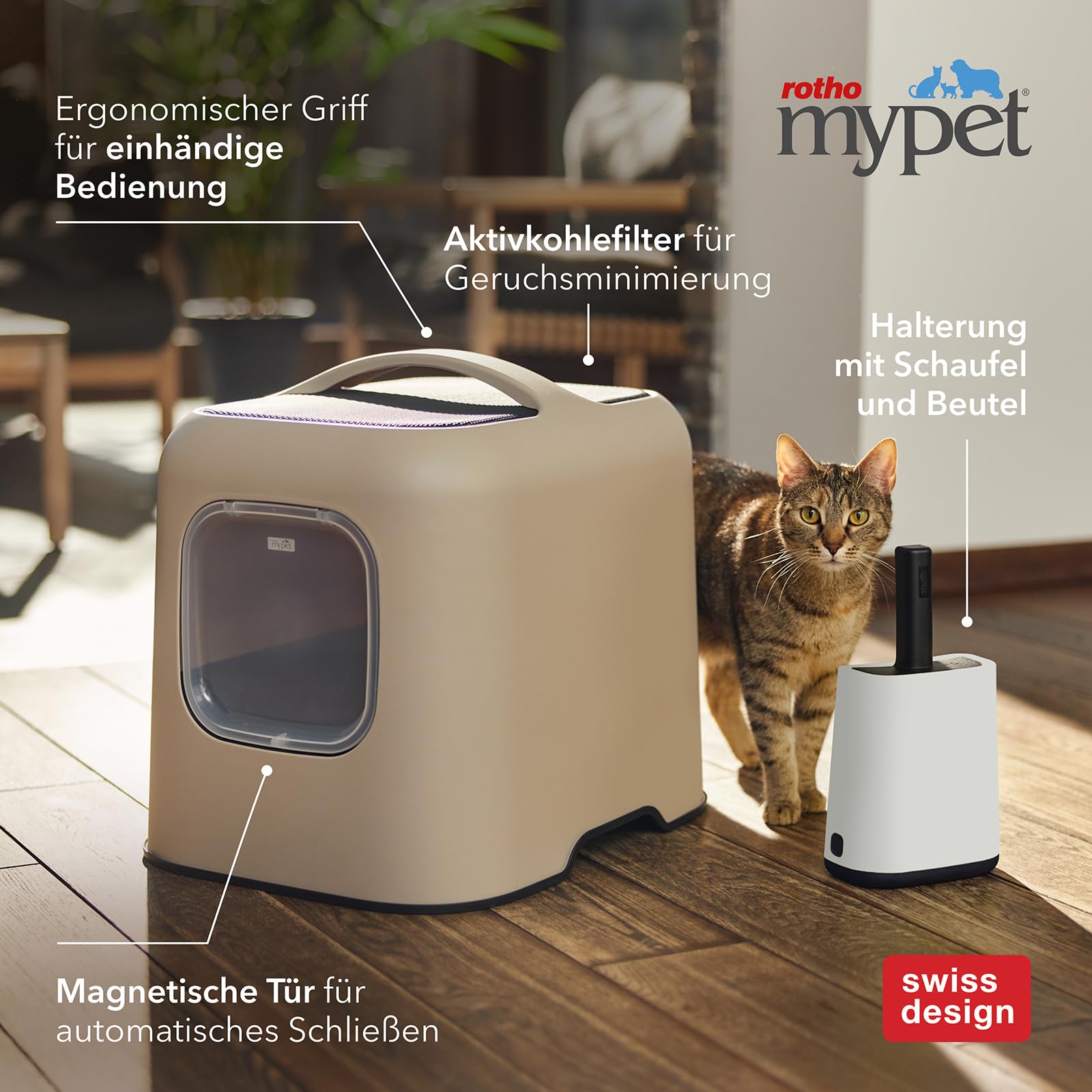 Rotho MyPet Bea Protect Katzenklo mit Deckel und Schaufel mit Filter Grau | Katzentoilette mit Haube, Aktivkohlefilter gegen Gerüche, Türmagnet, Spritzschutz bei hohem Urinstrahl, 4 Ersatzfilter