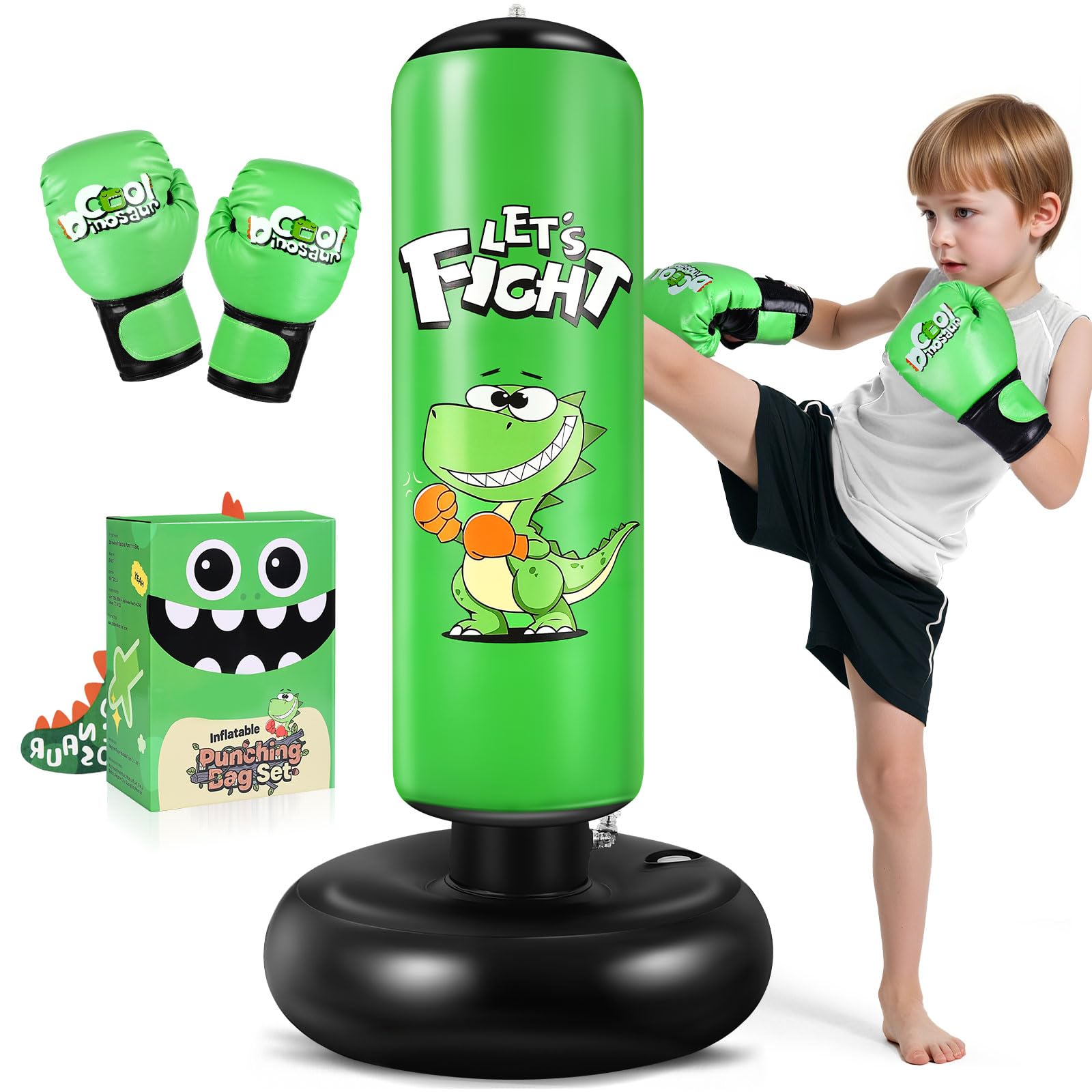Inflatable Punching Bag, 48" Punching Bag for Kids with Boxing Gloves, Stable Boxing Set for Karate, Taekwondo,Dinosaur Toy & Gifts for Boys 3 4 5 6 7