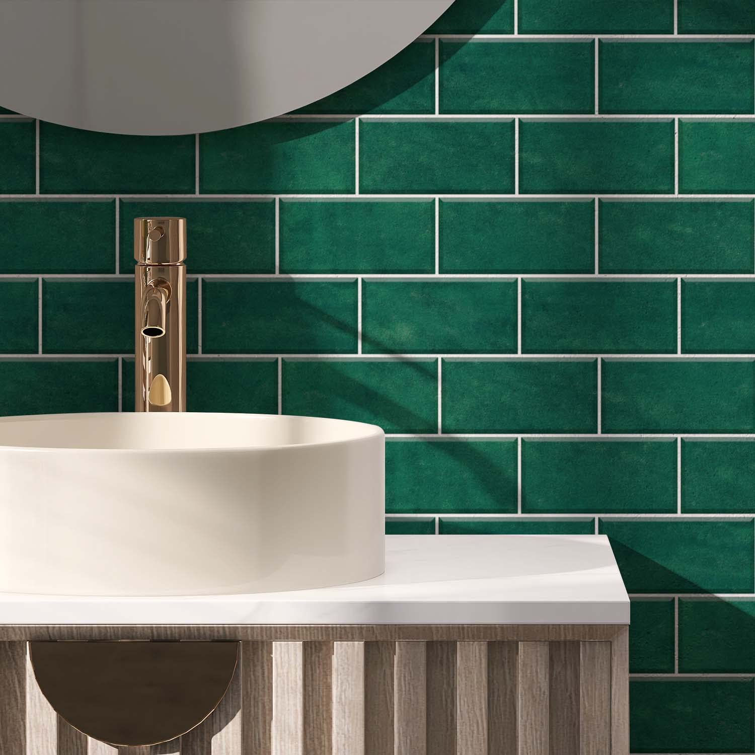 Alwayspon Wall Tile Transfers Sticker for Home Decor, Peel & Stick self-Adhesive splashback, Stick On Tile Decals for Living Room Kitchen Bathroom Decor, Green Emerald Cement Brick, 9 Pieces