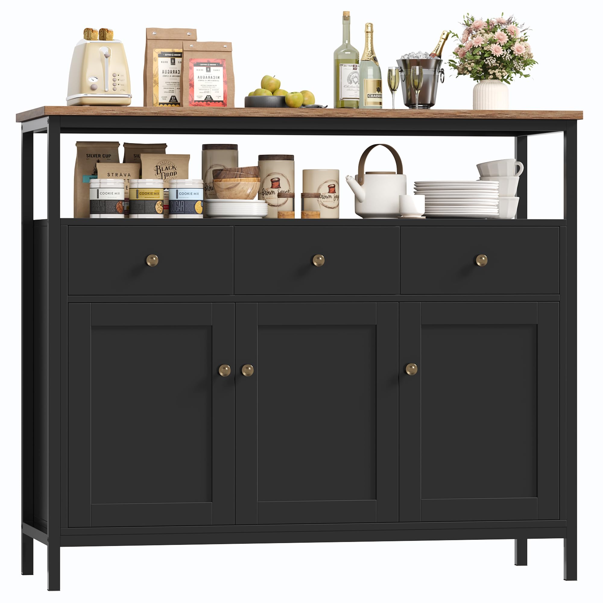 FirFurd Sideboard Storage Cabinet Kitchen Cupboard Sideboards for Living Room Buffet with 3 Doors 3 Drawers Adjustable Shelves for Dining Room Hallway 108x38x98.5cm Black