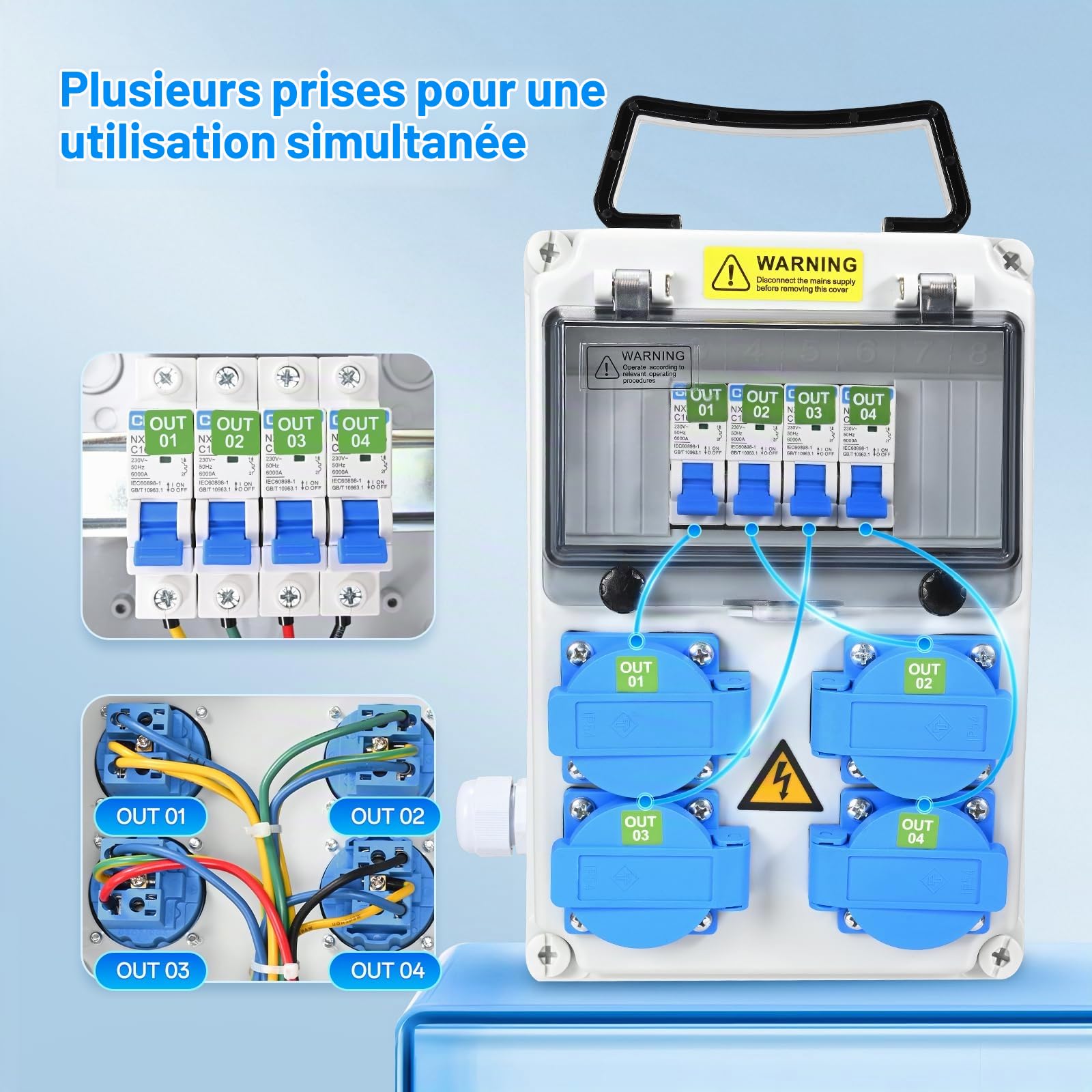 Coffret Électrique de Chantier 4×230 V, IP54 16A Coffret Chantier Répartiteur Mural avec Disjoncteur, Distributeur de Puissance pour Ateliers, Chantiers et Usines